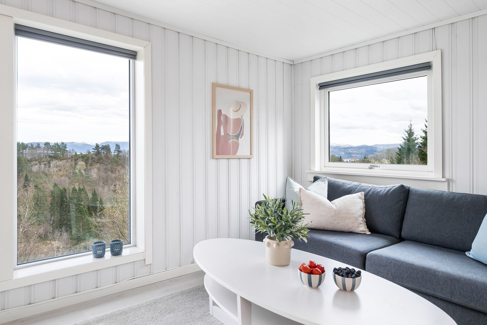 Store vinduer i hytten gir flott utsikt mot vakker natur og godt med dagslys. Galleribilde