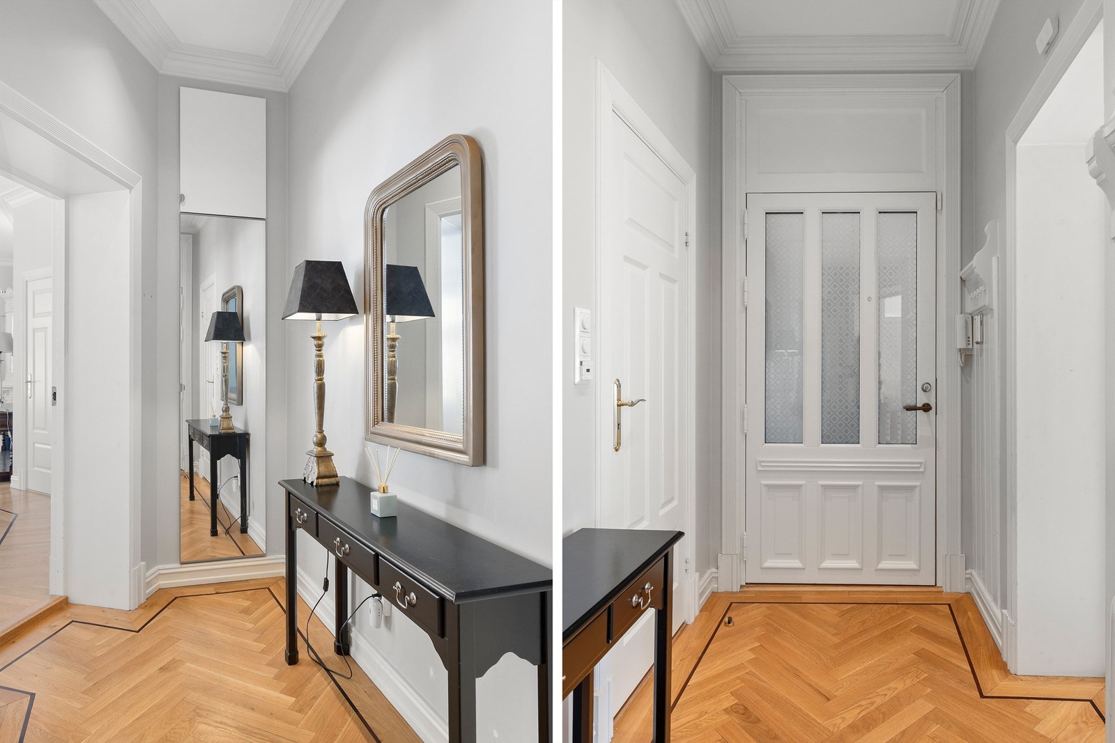 Lys og fin entré med elegant fiskebensparkett. Galleribilde