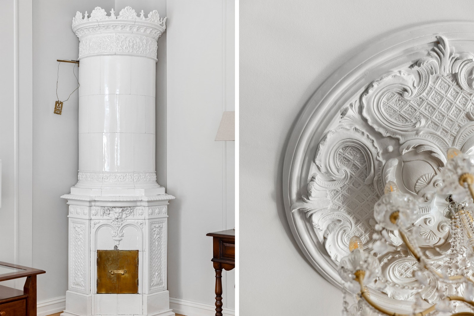 Fine detaljer i leiligheten som kakkelovn og rosett. Galleribilde