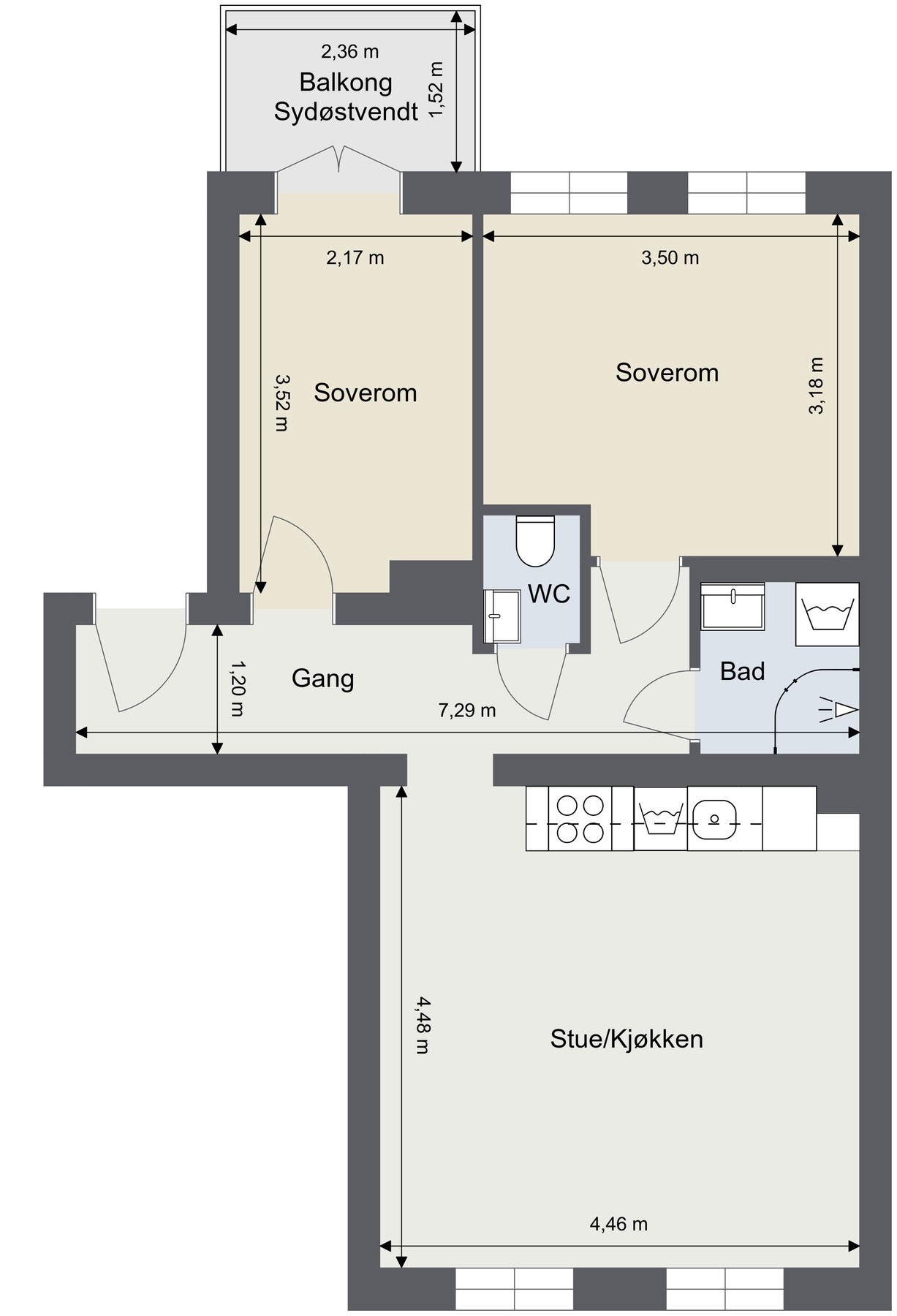 Ideell planløsning med to soverom mot bakgård og åpen stue/kjøkkenløsning. Leiligheten disponerer en romslig bod i kjeller. Skissen er ikke målbar og kun ment til illustrasjon. Avvik kan forekomme. Galleribilde