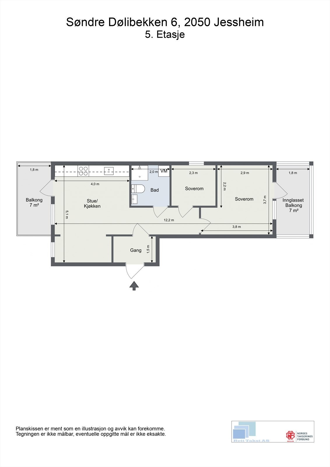 Leiligheten på 51 m² har en arealeffektiv planløsning med åpen stue- og kjøkkenløsning, to soverom og to balkonger. Galleribilde