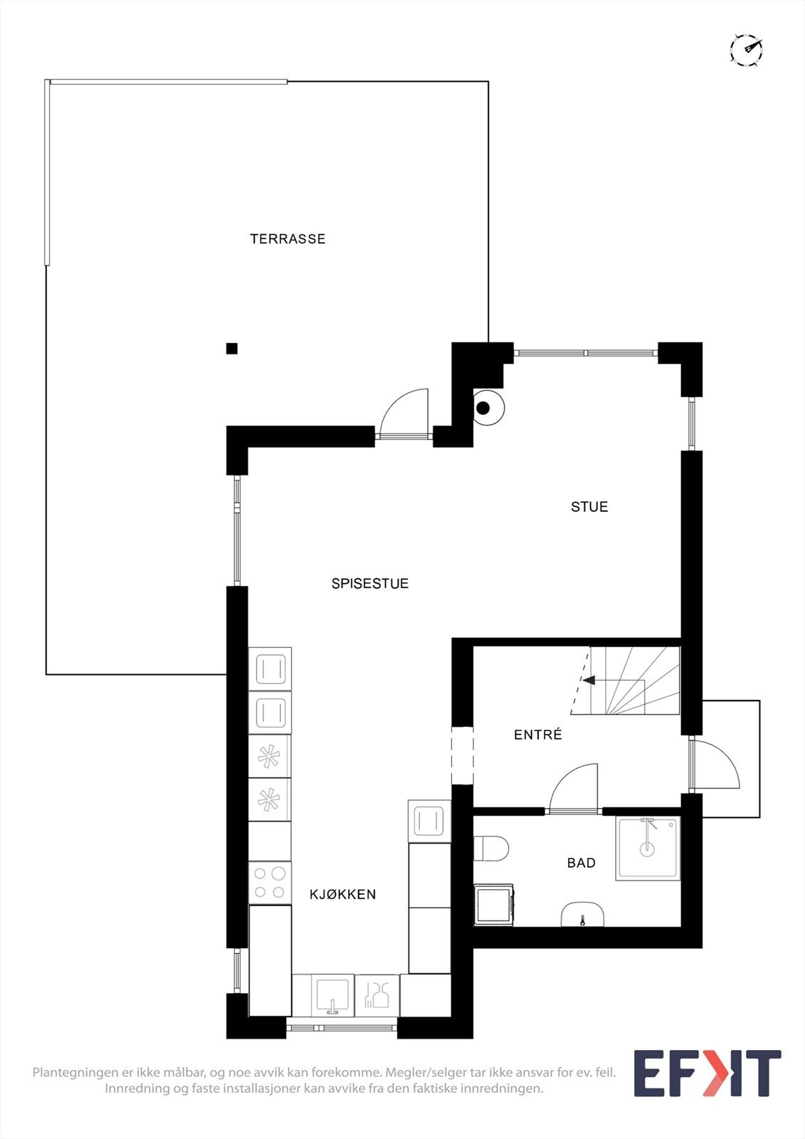 Første etasje inneholder entré, bad/vaskerom, kjøkken og stue med direkte utgang til den store terrassen. Galleribilde