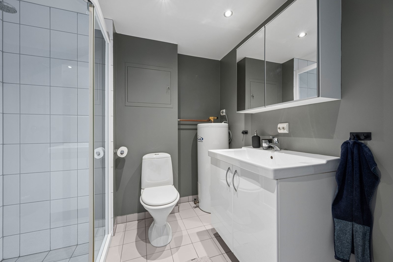 Badet har fliser på gulvet og fliser i dusjsonen, samt malte vegger. Galleribilde