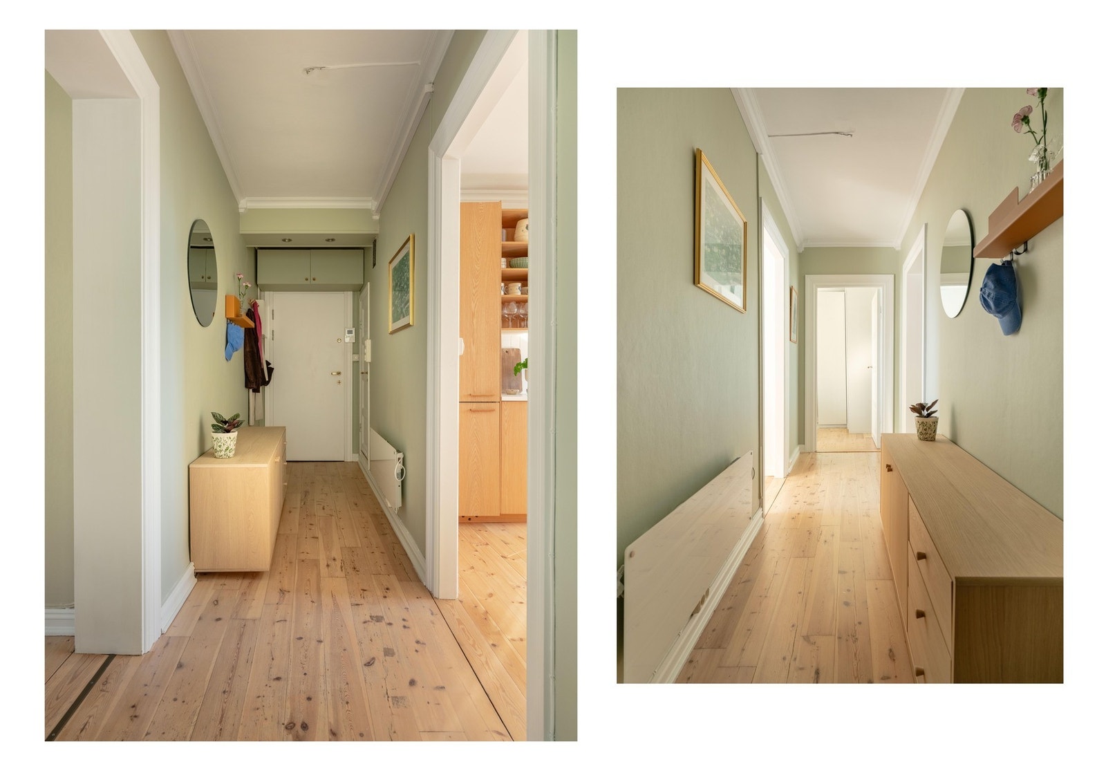 Gangen er et fint bindeledd i leiligheten, hvor vi også finner inngangen til baderommet. Fin plass til oppheng av yttertøy og lagring av sko. Galleribilde