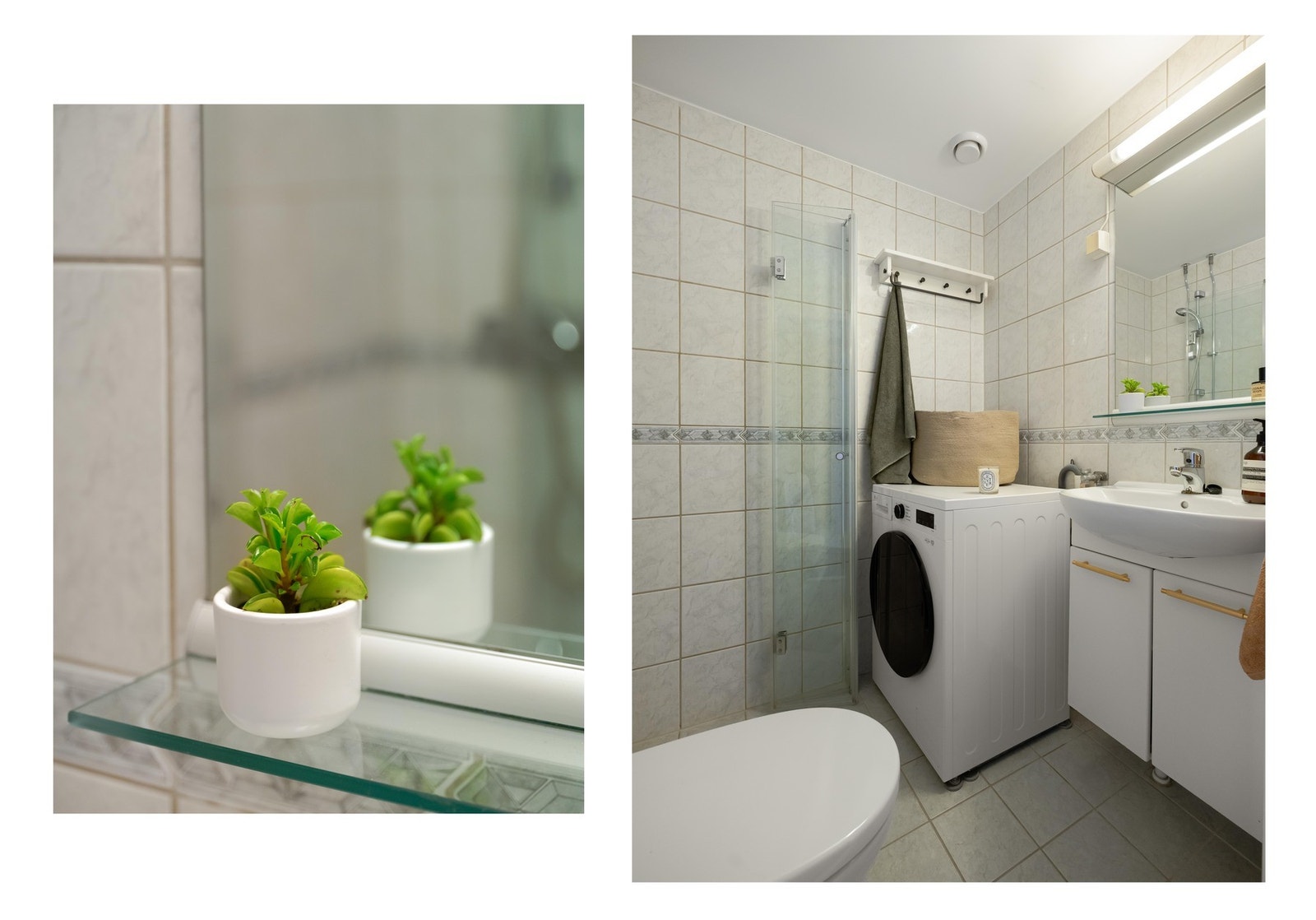 Innredningen består av toalett, dusjhjørne, servantskap og opplegg til vaskemaskin. Galleribilde
