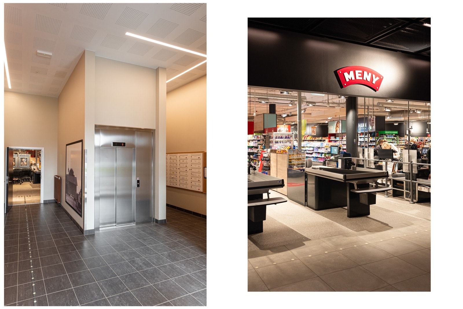 Du kan enkelt ta heisen rett ned til torget med bl.a. Meny, blomsterbutikk, kaféer etc. Galleribilde