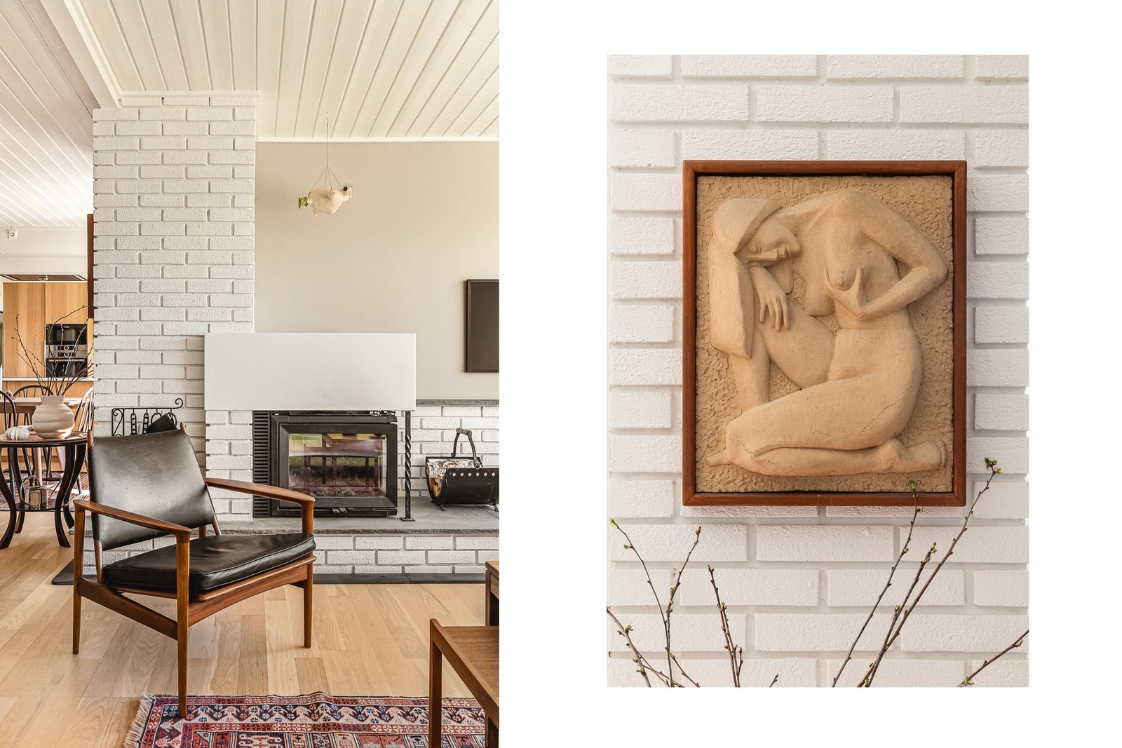- Ved sofasonen finner du en peis med rentbrennende innsats fra nyere tid, som både gir varme og skaper en lun stemning - Galleribilde