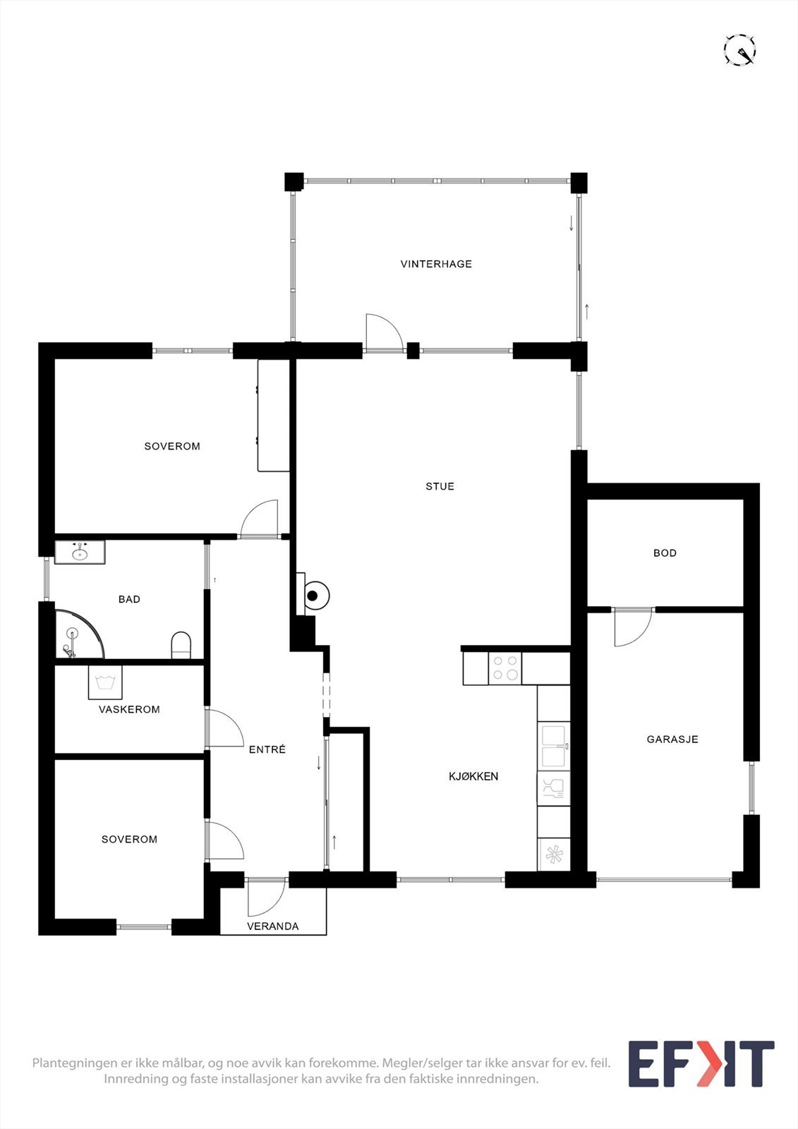 Boligens 88 m² er fordelt over ett plan og inneholder entré, to soverom, bad, separat WC/vaskerom, stue og kjøkken. Galleribilde