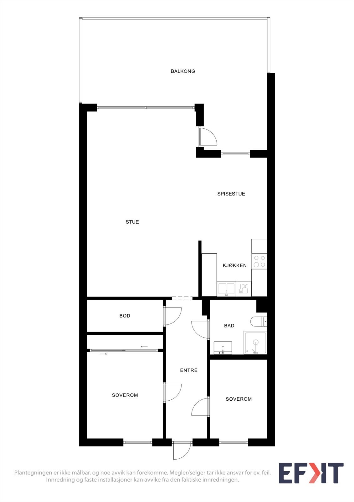 Leiligheten har en praktisk planløsning på 83 m² (BRA-i) med to soverom, en intern bod og åpen stue- og kjøkkenløsning. Galleribilde