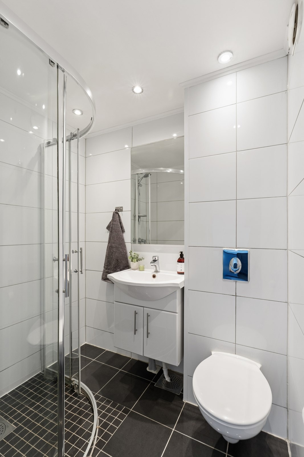 Badet er innredet med servant, speilskap med stikkontakt innvendig, vegghengt toalett og svingbare dusjvegger av glass. Galleribilde