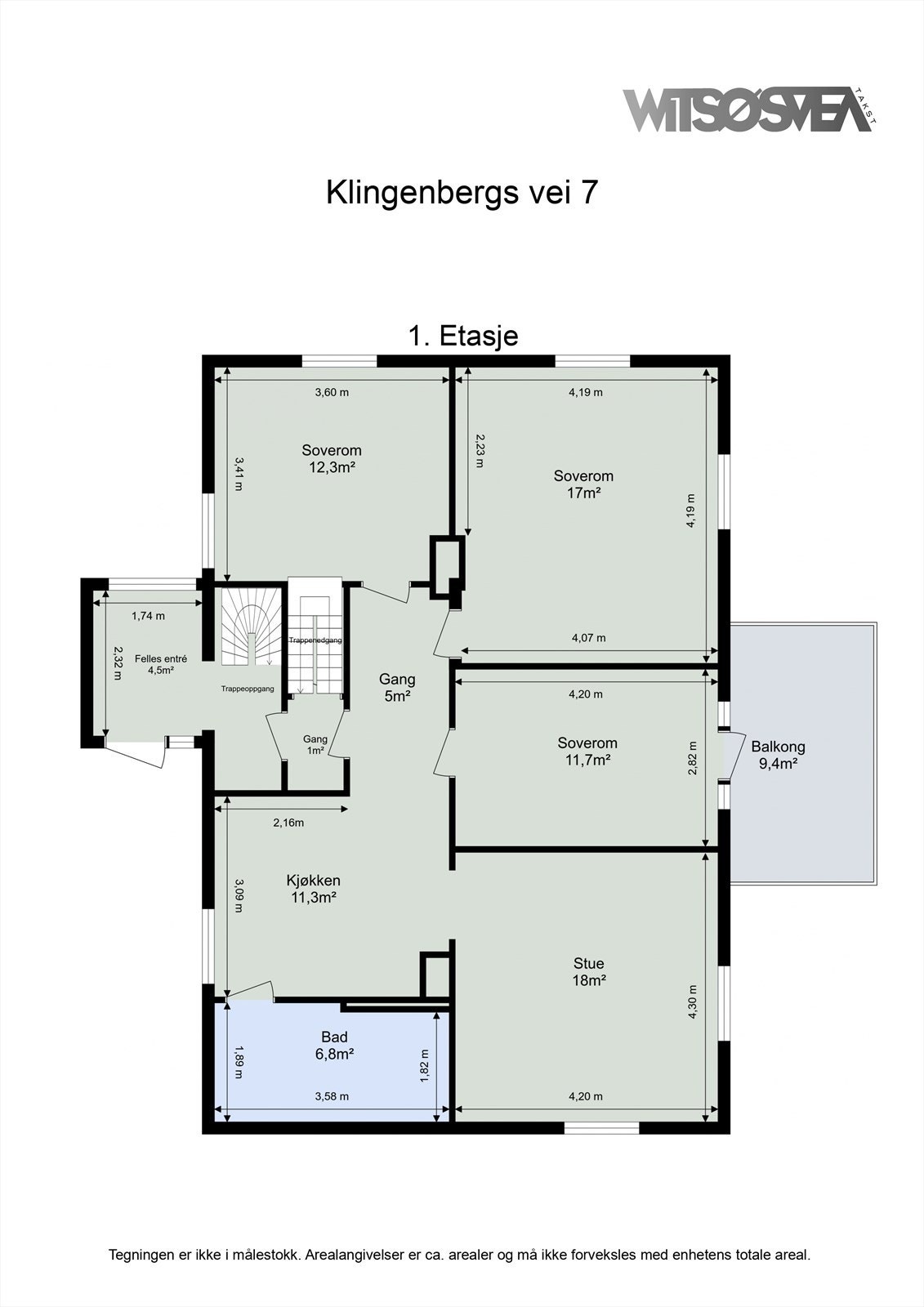 Første etasje byr på en arealeffektiv planløsning med tre soverom, stue, kjøkken, bad og utgang til en veranda på 9 m². Galleribilde