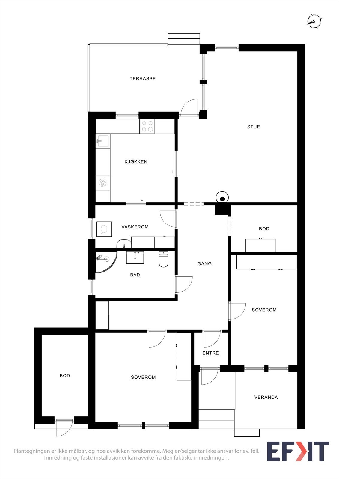Boligen har en arealeffektiv planløsning på ett plan, med 101 m² BRA-i som inkluderer to soverom, separat kjøkken og stue. Galleribilde