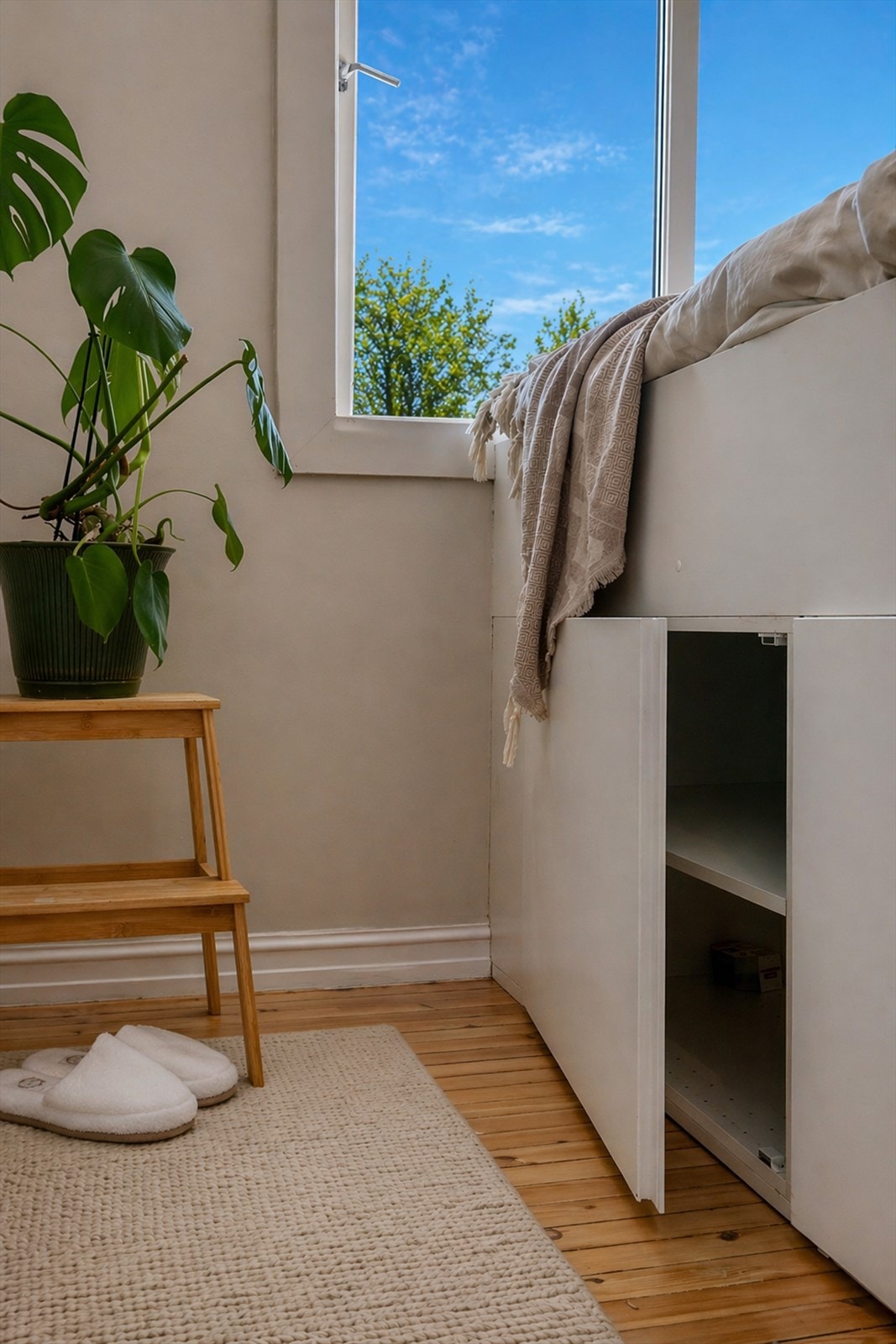Det er gode oppbevaringsmuligheter med praktisk lagringsplass under sengen, som utnytter arealet effektivt. Galleribilde