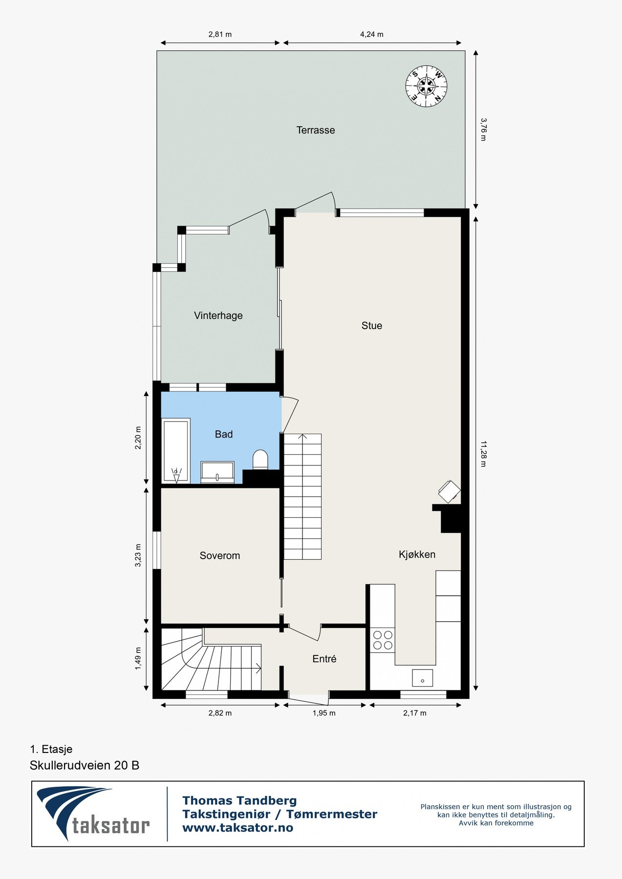 1.ETASJE: Entré, stue, kjøkken, baderom, soverom, vinterhage og adgang til uteareal. Galleribilde