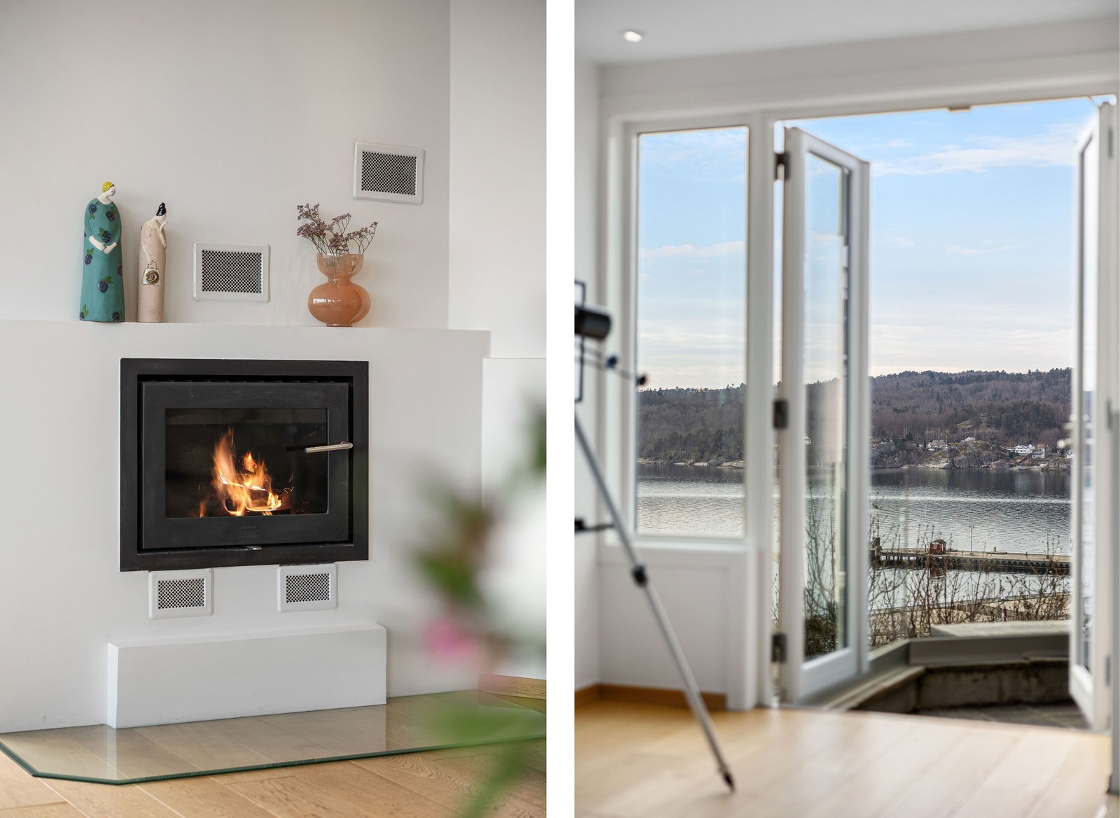 Stuen har en moderne peis som gir både hygge og varme på kjølige dager. Galleribilde