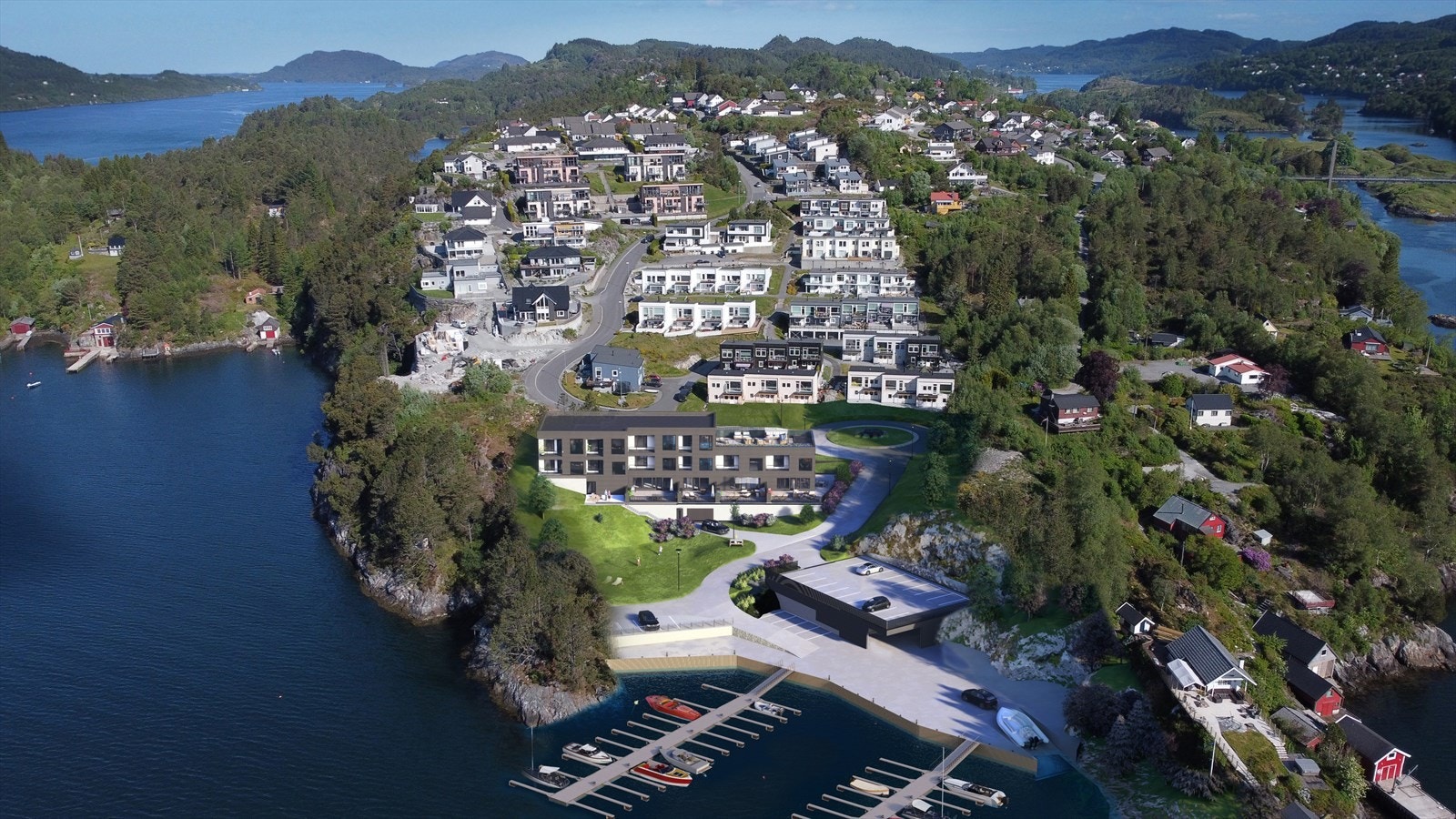 Illustrasjonsbilde av Hilland Sjøfront, med fremtidig marina. Galleribilde