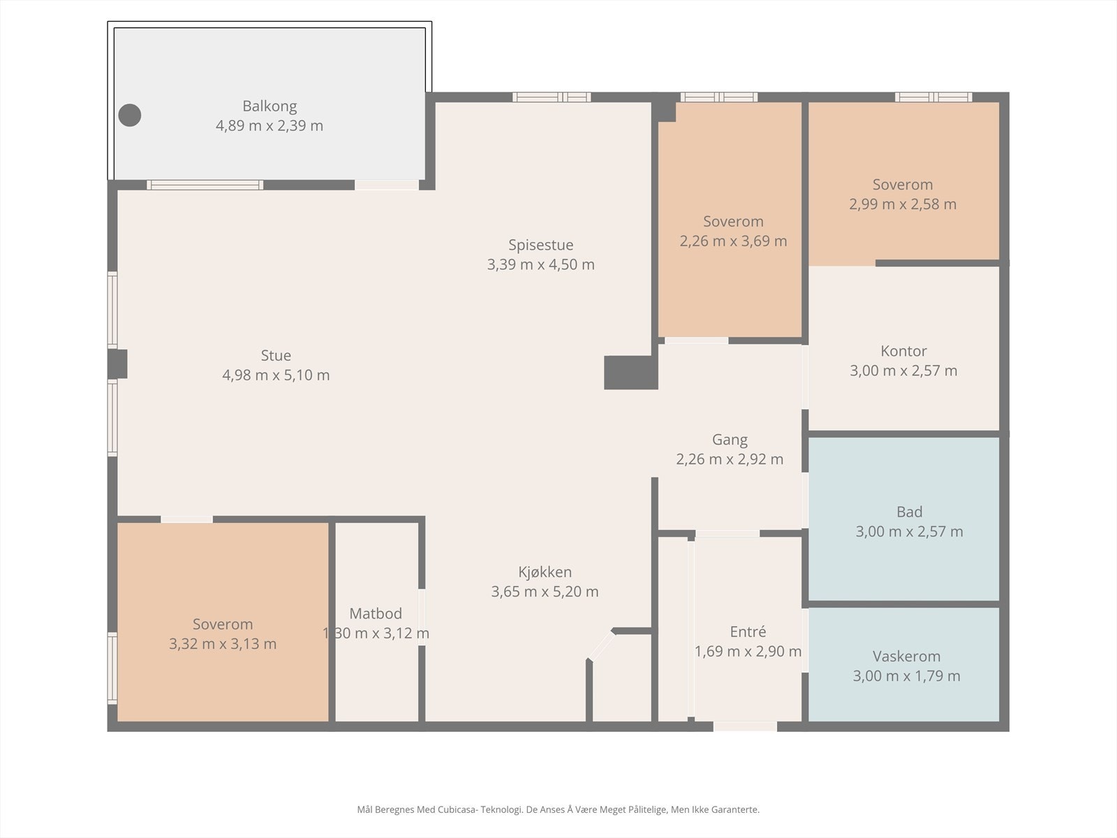Leiligheten har en effektiv planløsning over 123 m² med tre soverom, separat vaskerom og en åpen, sosial sone for stue og kjøkken. Galleribilde