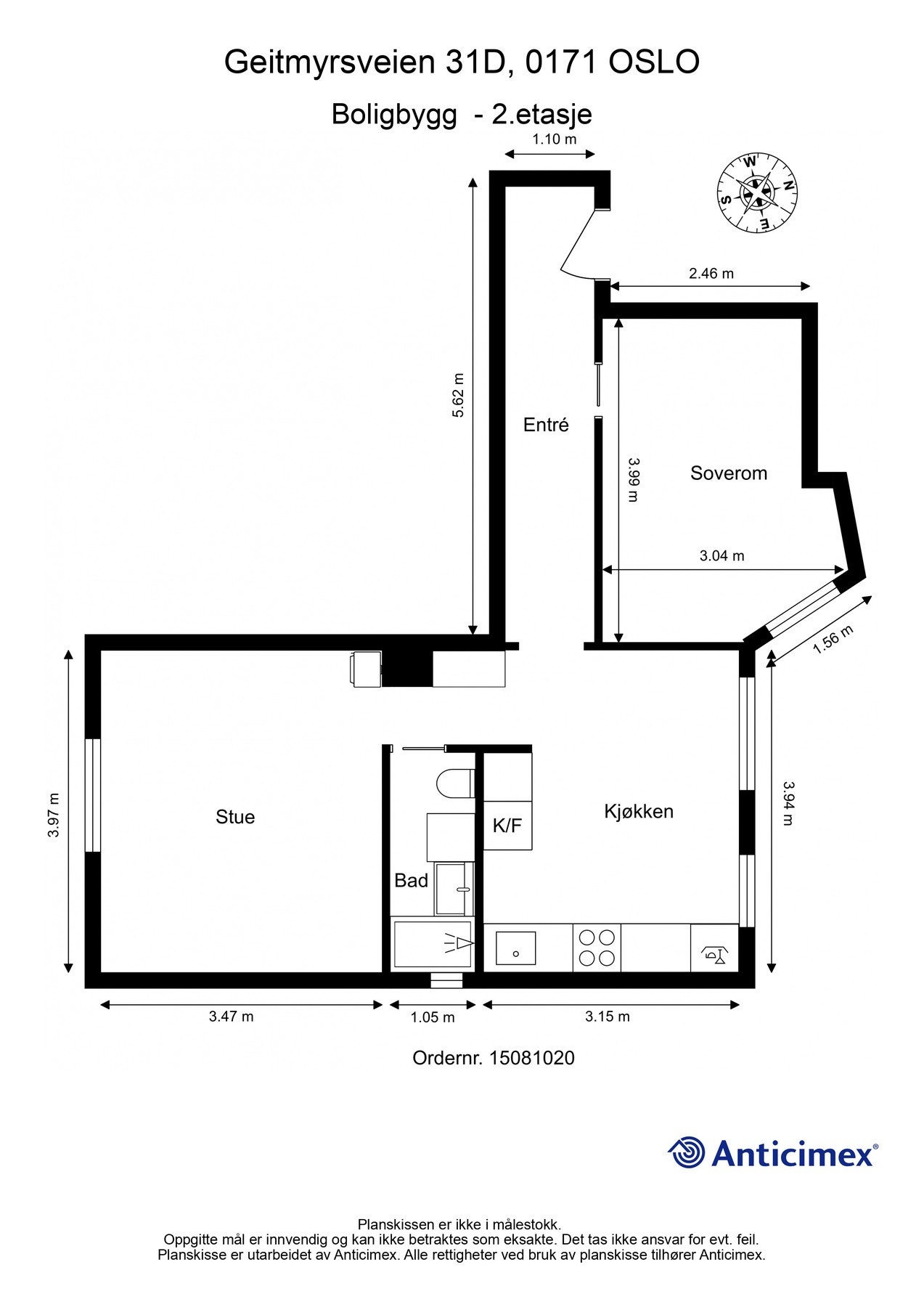 Plantegning 2. etasje. I tillegg disponerer leiligheten 2 kjellerboder på 2m² og 4m². Galleribilde