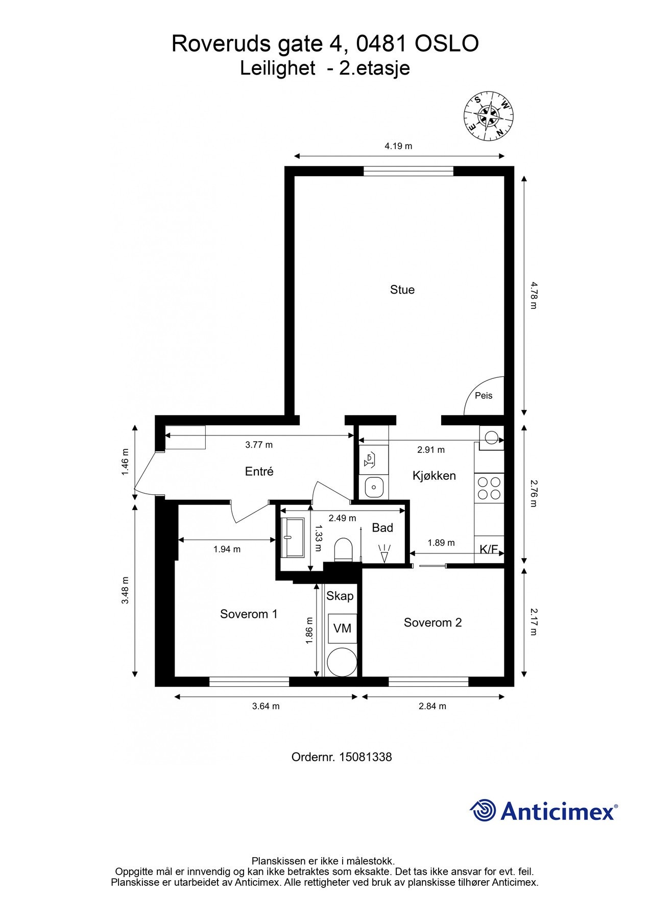 Plantegning 2. etasje. I tillegg disponerer leiligheten en kjellerbod på ca. 12m² og en loftsbod på ca. 9m². Galleribilde