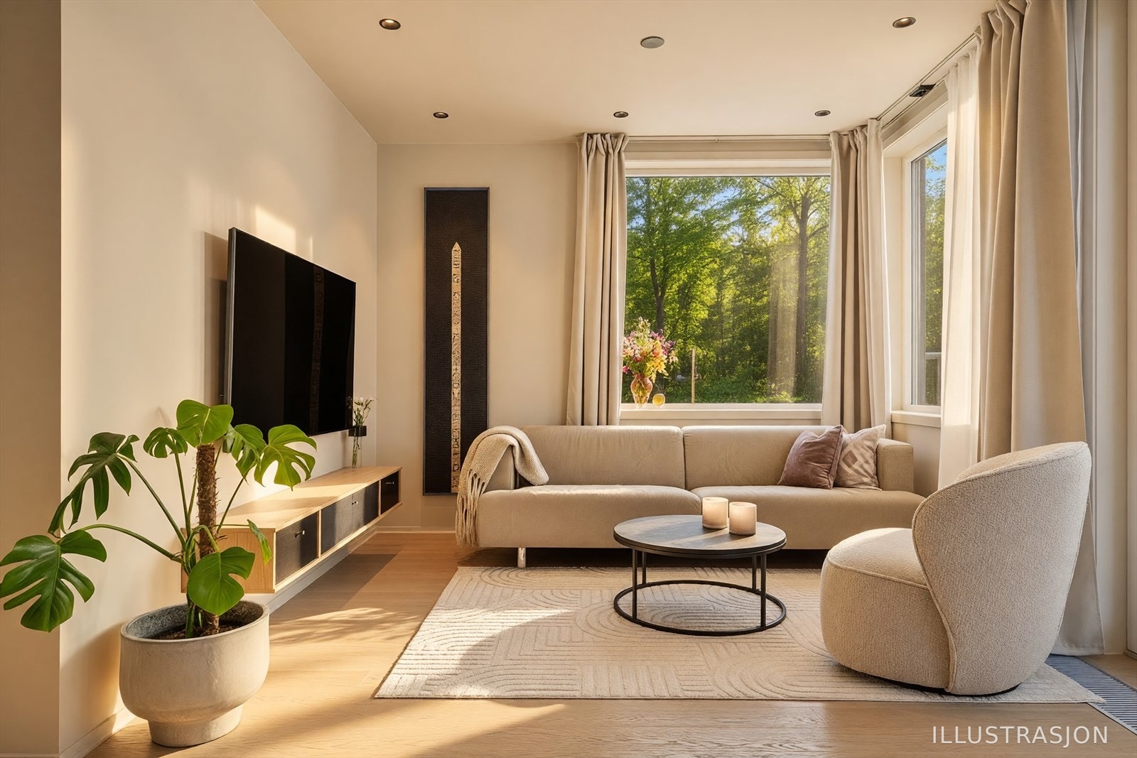 Moderne, åpen stue- og kjøkkenløsning med romslig plass. De store vindusflatene slipper inn rikelig med naturlig lys og gir direkte tilgang til balkongen. (sommer og sol av AI) Galleribilde