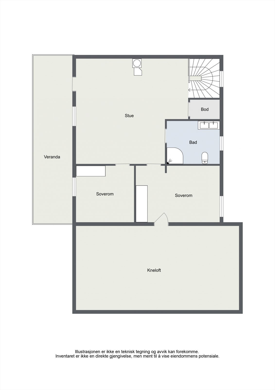 Loftsetasjen på 52 m² inneholder en romslig loftstue, to soverom, bod og et bad som ble pusset opp i 2021. Galleribilde