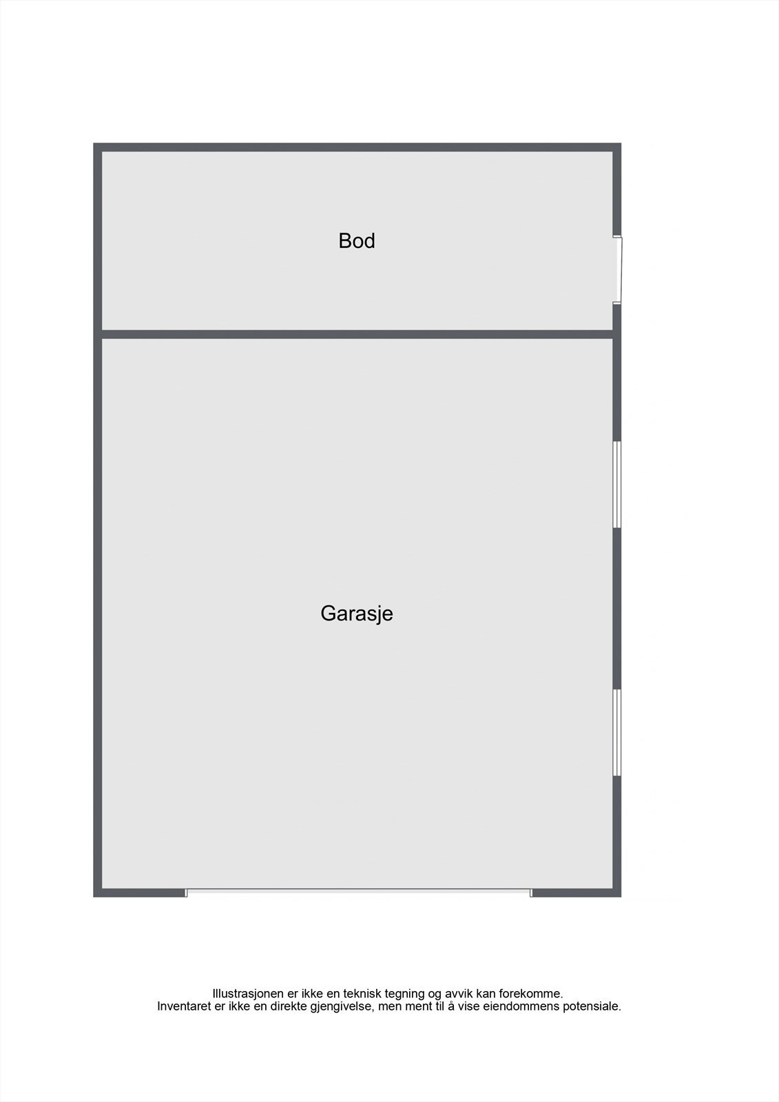 Dobbelgarasjen fra 2009 har et bruksareal på 45 m², med garasjerom og en separat bod med utvendig adkomst. Galleribilde