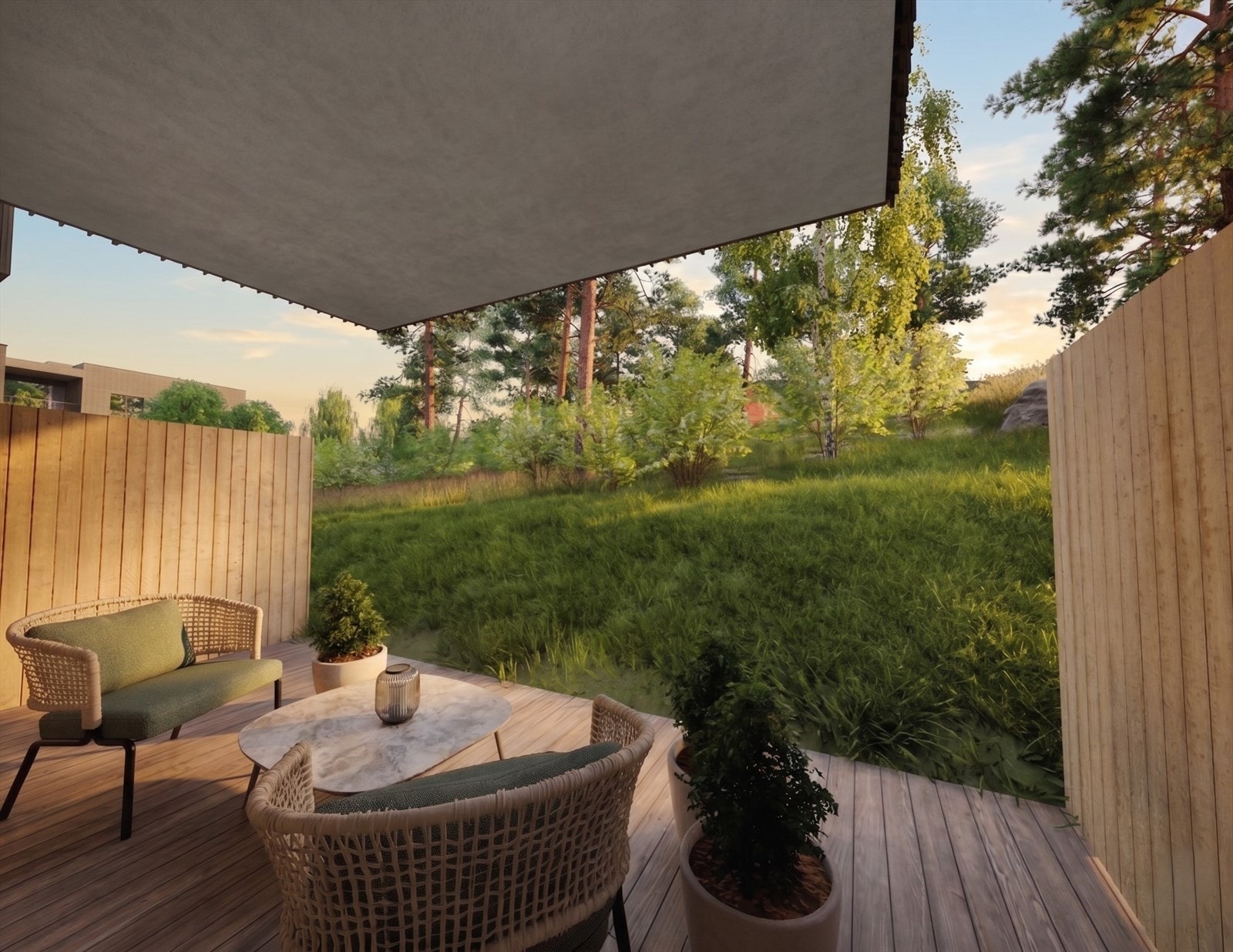 Ca. 12,5 kvm vestvendt terrasse og ca. 6 kvm privat hage. Databilde. Avvik vil forekomme. Galleribilde