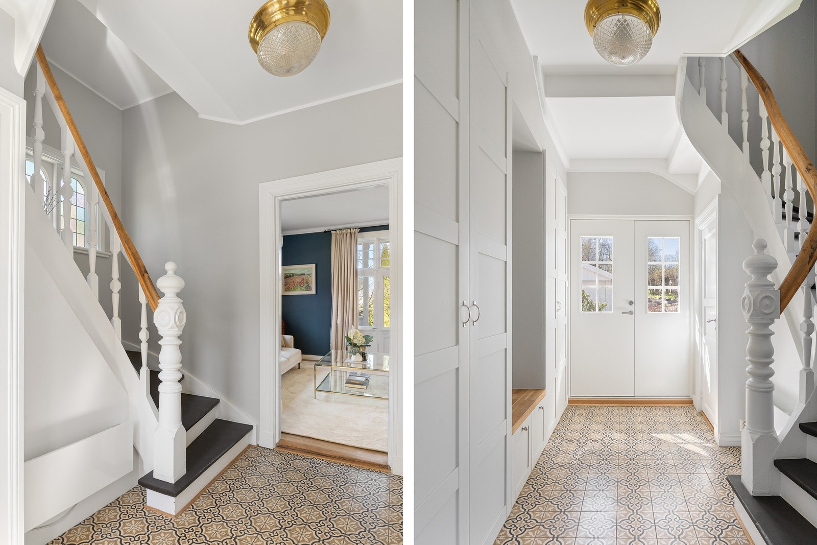 Gulvet er belagt med dekorative fliser som både er slitesterke og gir rommet et særpreget uttrykk, mens de lyse overflatene og klassiske detaljene skaper en tidløs helhet. Galleribilde