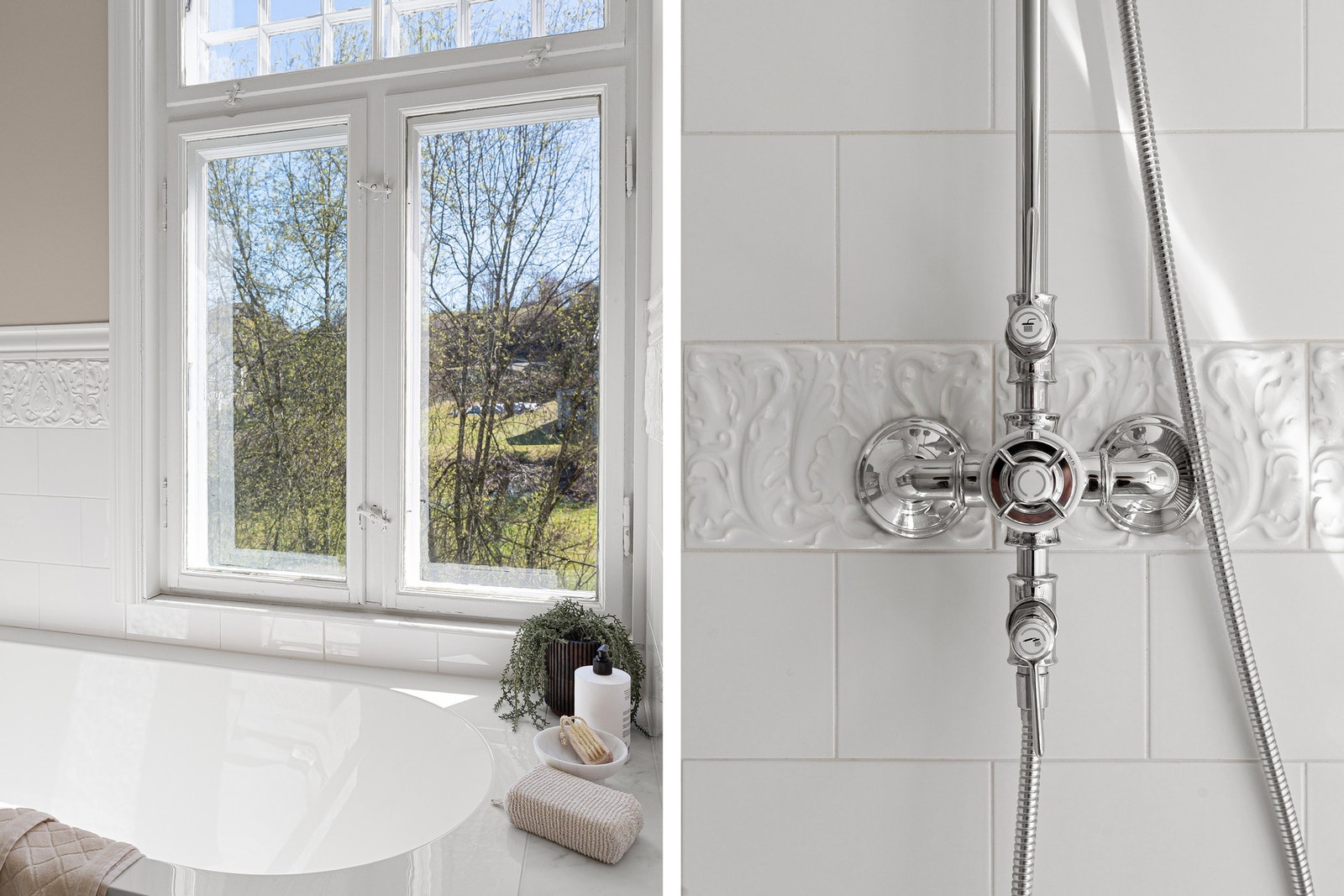 Videre er badet utstyrt med speilskap, veggmontert toalett og et stilrent dusjhjørne med glassdør. Et innmurt badekar tilfører både komfort og en påkostet finish. Galleribilde