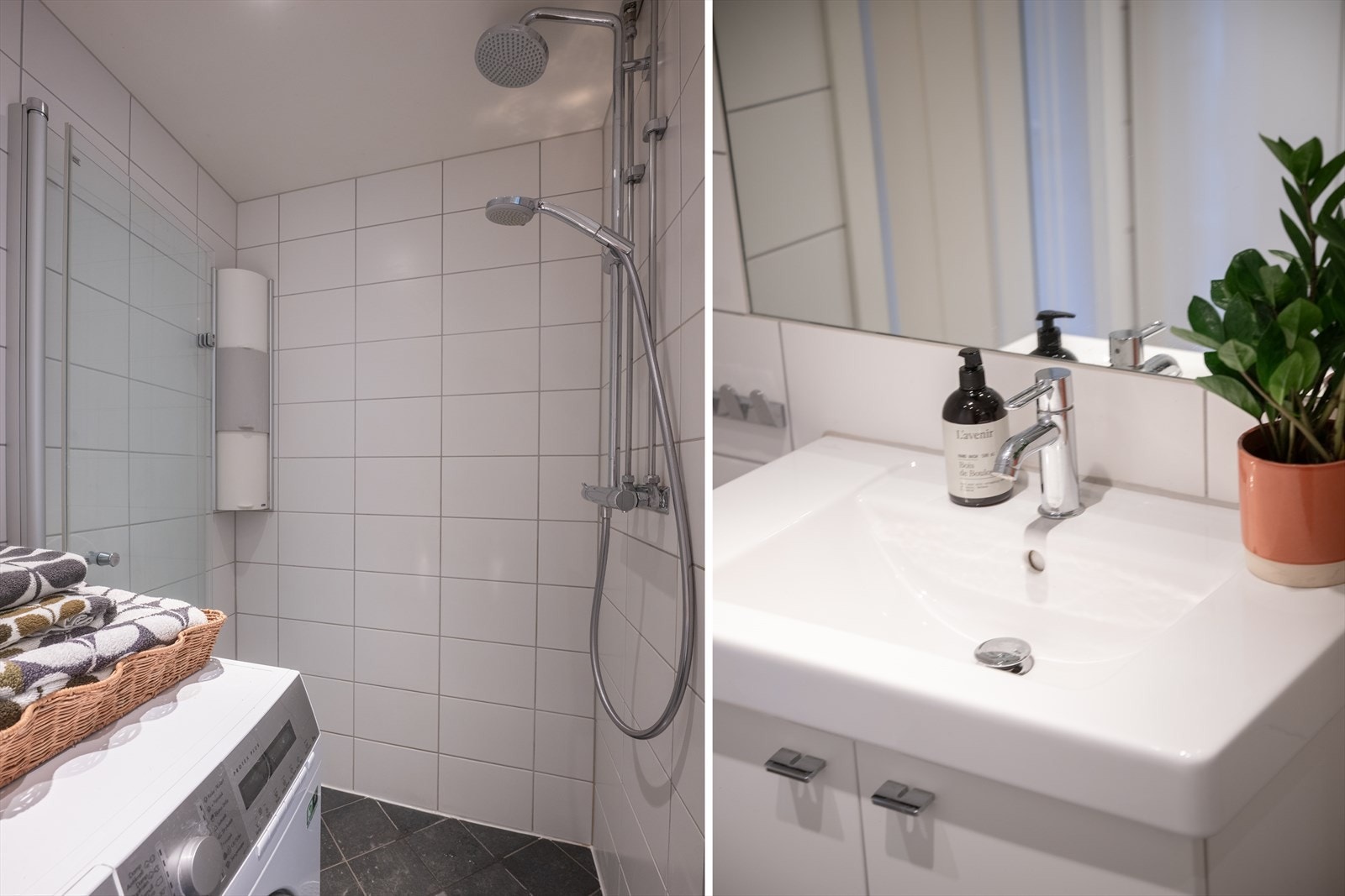 Badet holder en moderne standard og er utstyrt med veggmontert WC, servant, dusj med glassdør og regnfallsdusj, samt opplegg for vaskemaskin Galleribilde
