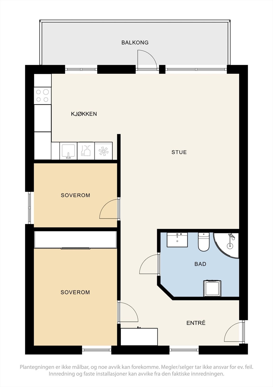 Leiligheten har en praktisk planløsning på 65 m² med ett soverom, bad og en åpen sosial sone. Merk at plantegningen avviker fra dagens løsning med ett soverom. Galleribilde
