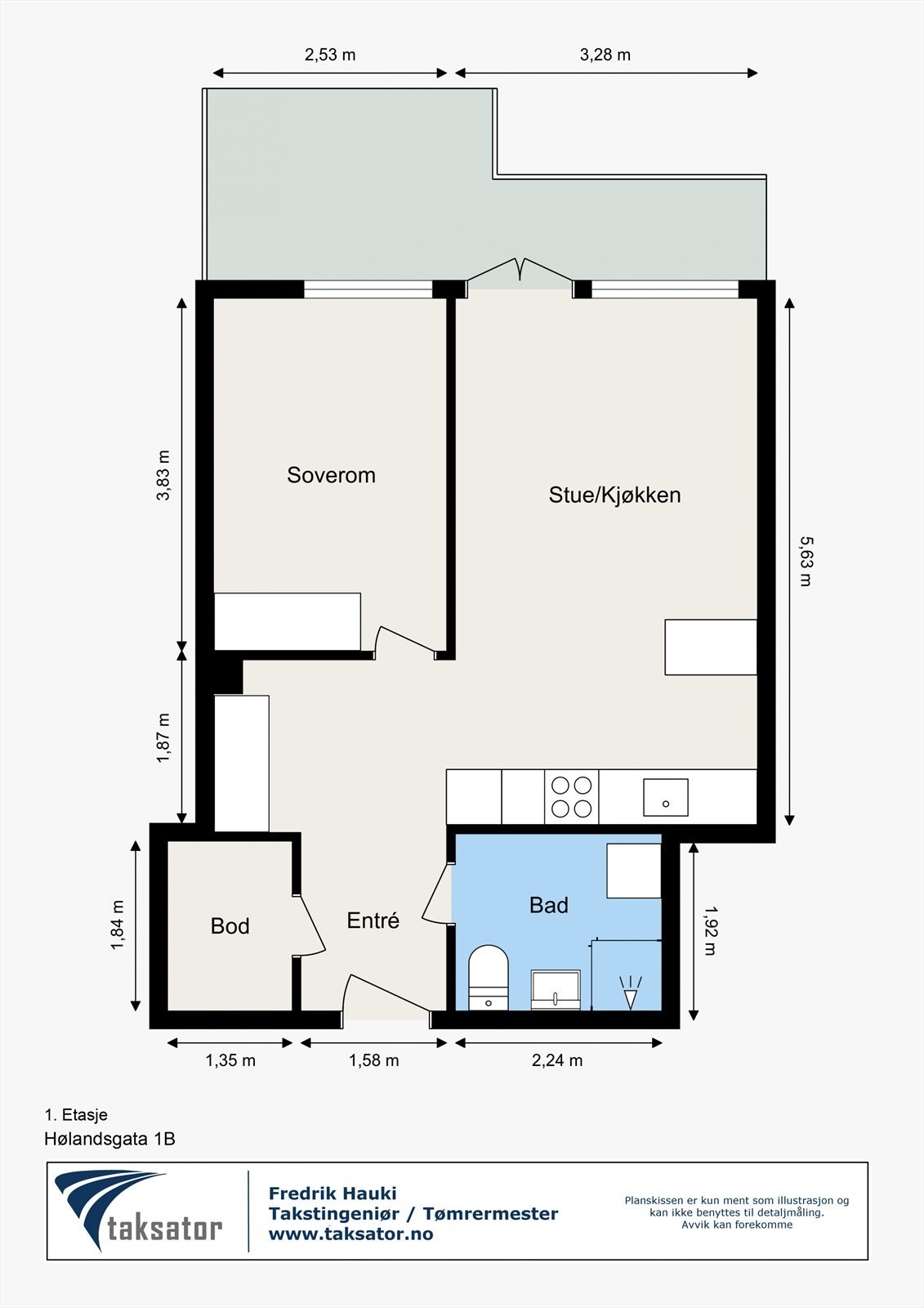 Leilighetens 45 m² er godt utnyttet med en sosial sone mot terrassen og en mer privat del med soverom og bad. Galleribilde
