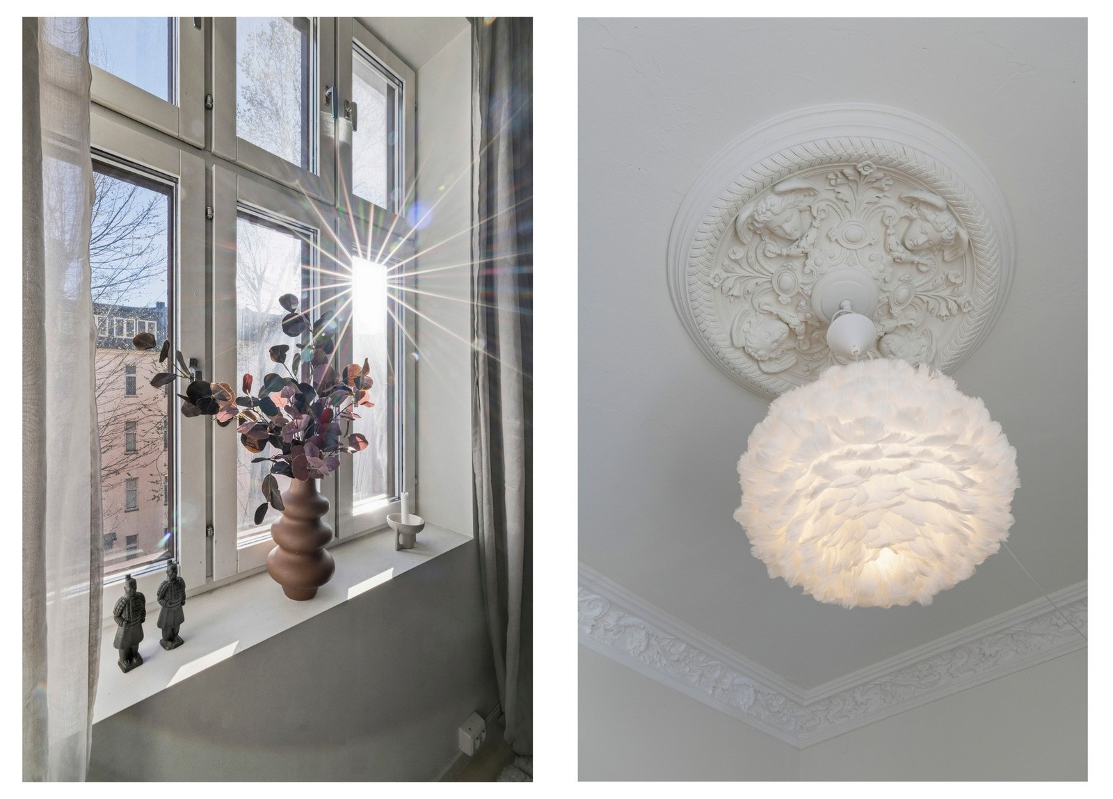 Store vindusflater gir nydelig lys i rommet. Klassisk rosett i himling. Galleribilde