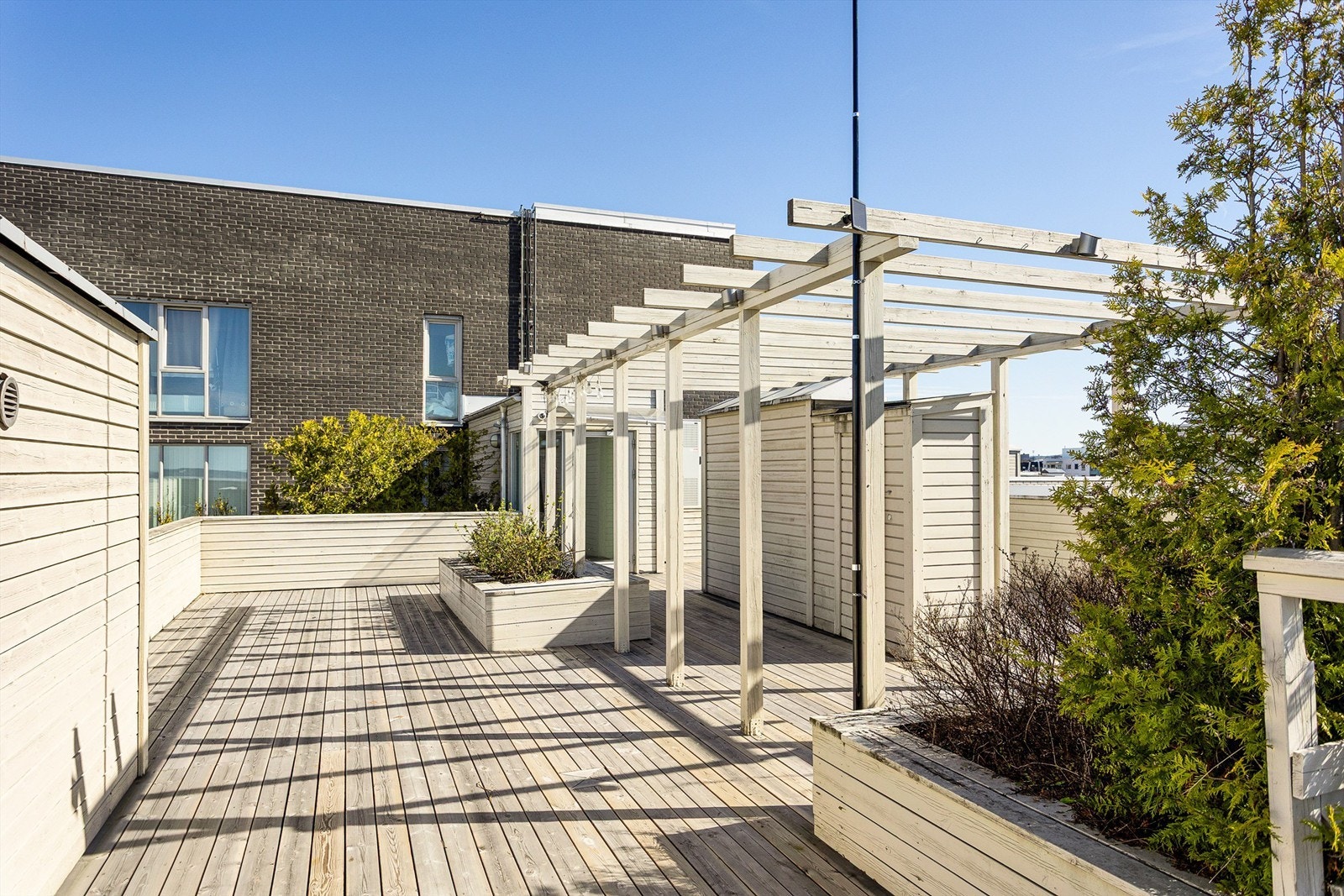 Pergola og plantekasser skaper hyggelige soner på den felles takterrassen. Galleribilde