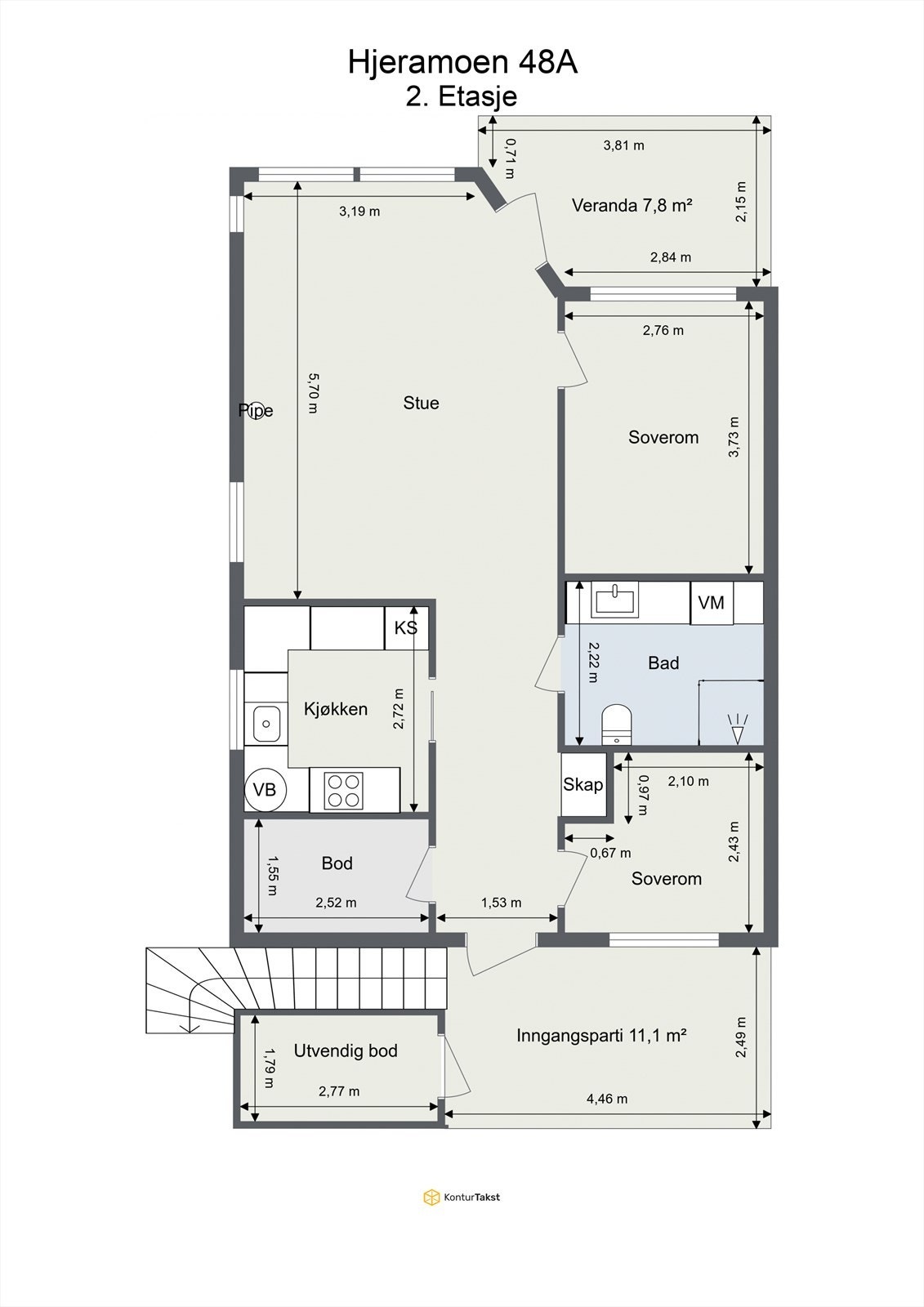 Leiligheten på 68 m² har en gjennomtenkt planløsning med alle rom på ett plan. Den inneholder to soverom, stue, kjøkken, bad og to boder. Galleribilde