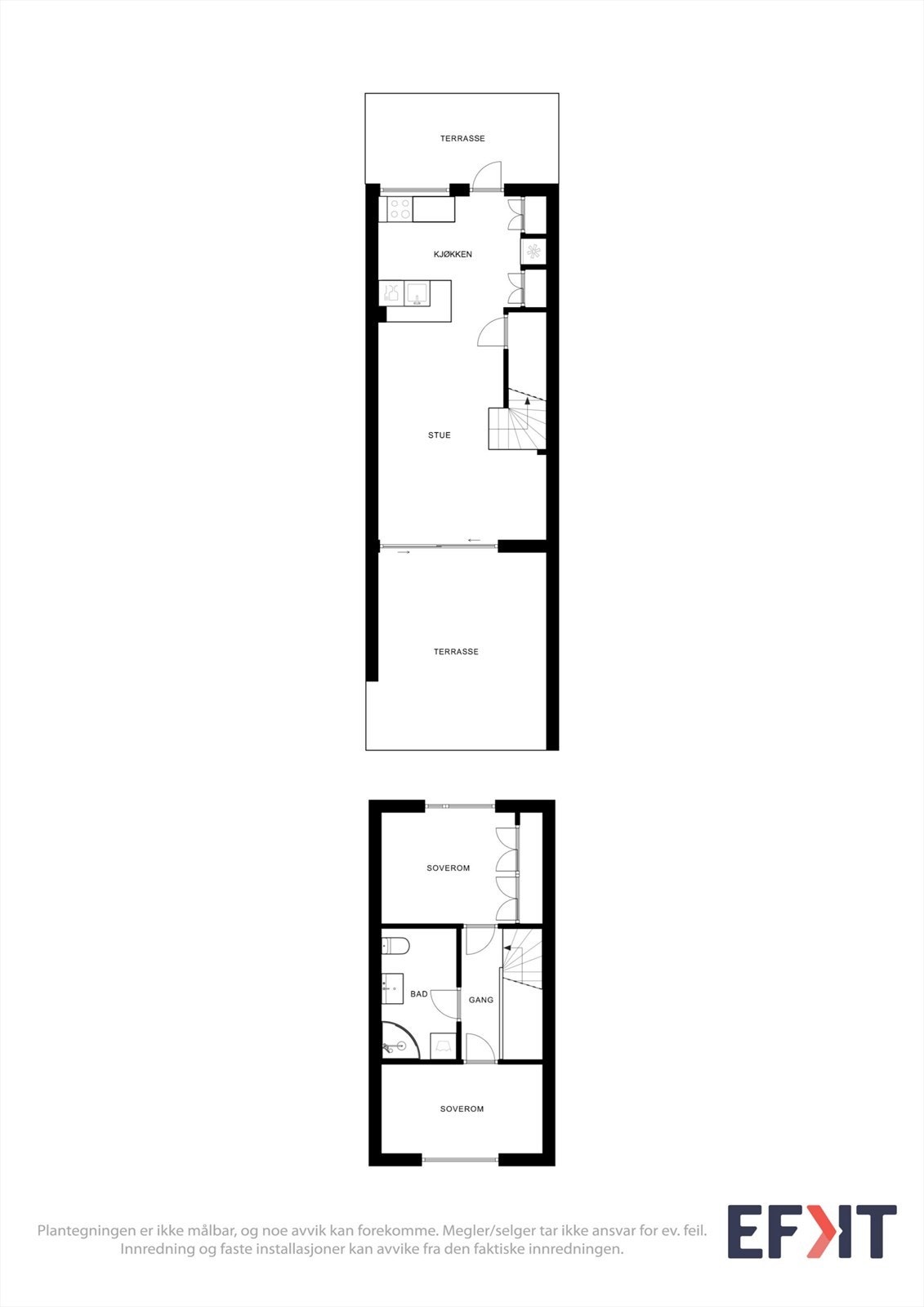 Rekkehuset går over to plan og har et samlet bruksareal på 59 m², med en smart fordeling av sosiale soner og private rom. Galleribilde