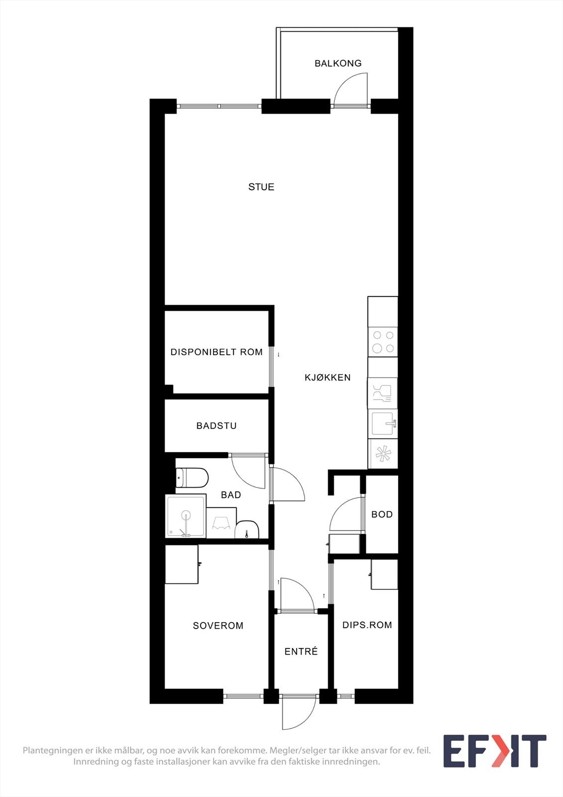 Leiligheten har et bruksareal på 54 m² og en arealeffektiv planløsning med åpen stue- og kjøkkenløsning. Galleribilde