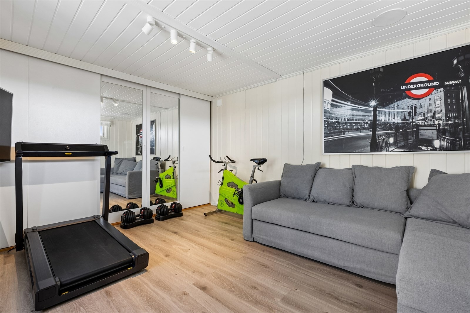 Det innredede annekset gir et verdifullt tilleggsareal, her innredet som treningsrom og TV-stue. Annekset er ikke godkjent til varig opphold. Galleribilde