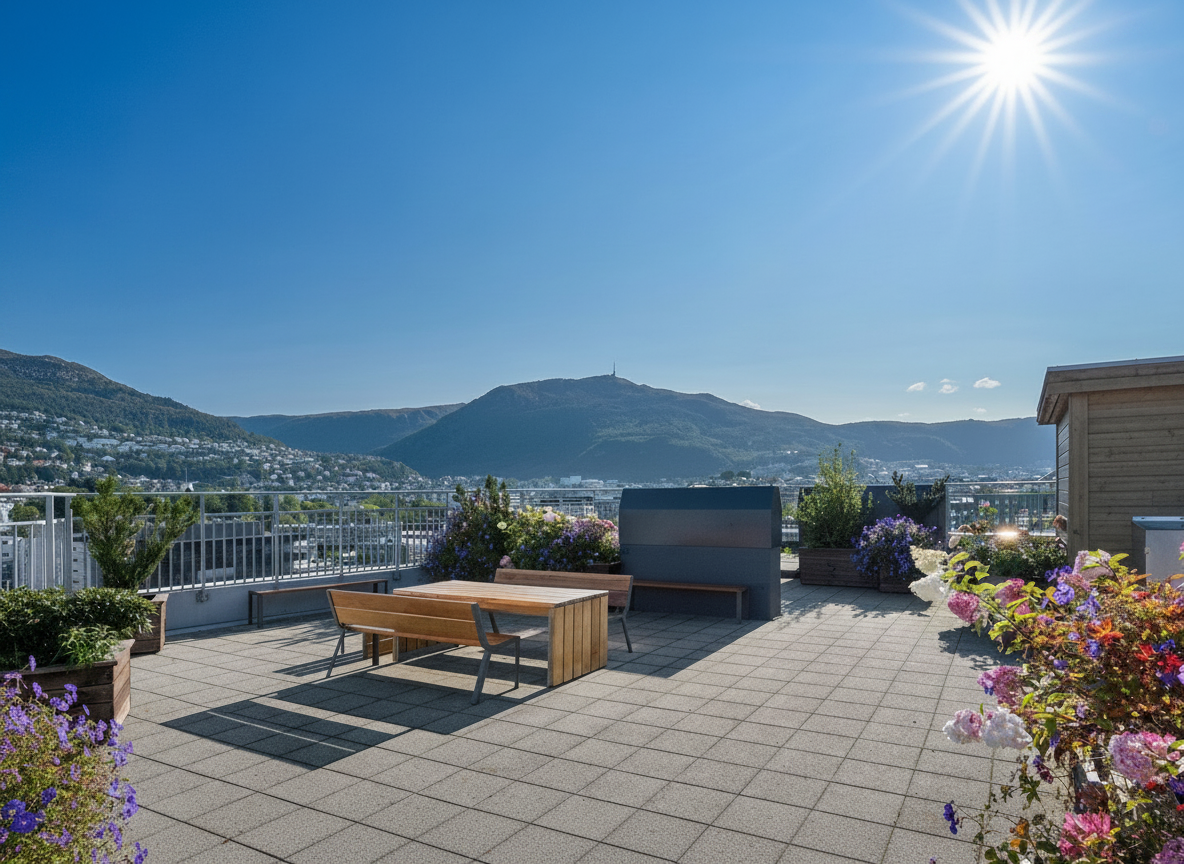 Stor felles takterrasse med nydelig sol- og utsiktsforhold. Galleribilde