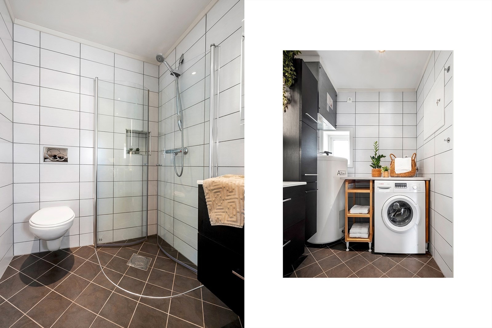 Badet er utstyrt med romslig baderomsinnredning, dusjhjørne, vegghengt toalett og opplegg til vaskemaskin. Galleribilde
