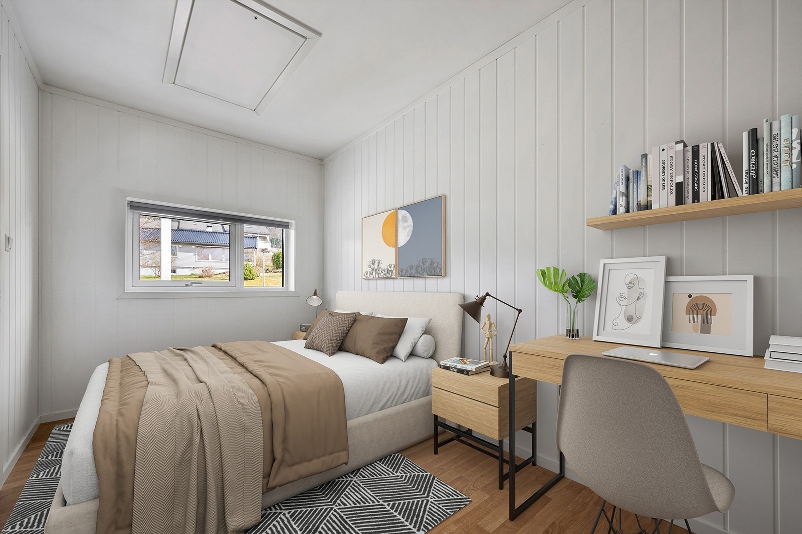 Rommet er opprinnelig byggemeldt som bod og har ikke godkjent rømningsvindu. Omdisponering til soverom krever godkjent søknad om bruksendring (3D illustrasjon). Galleribilde