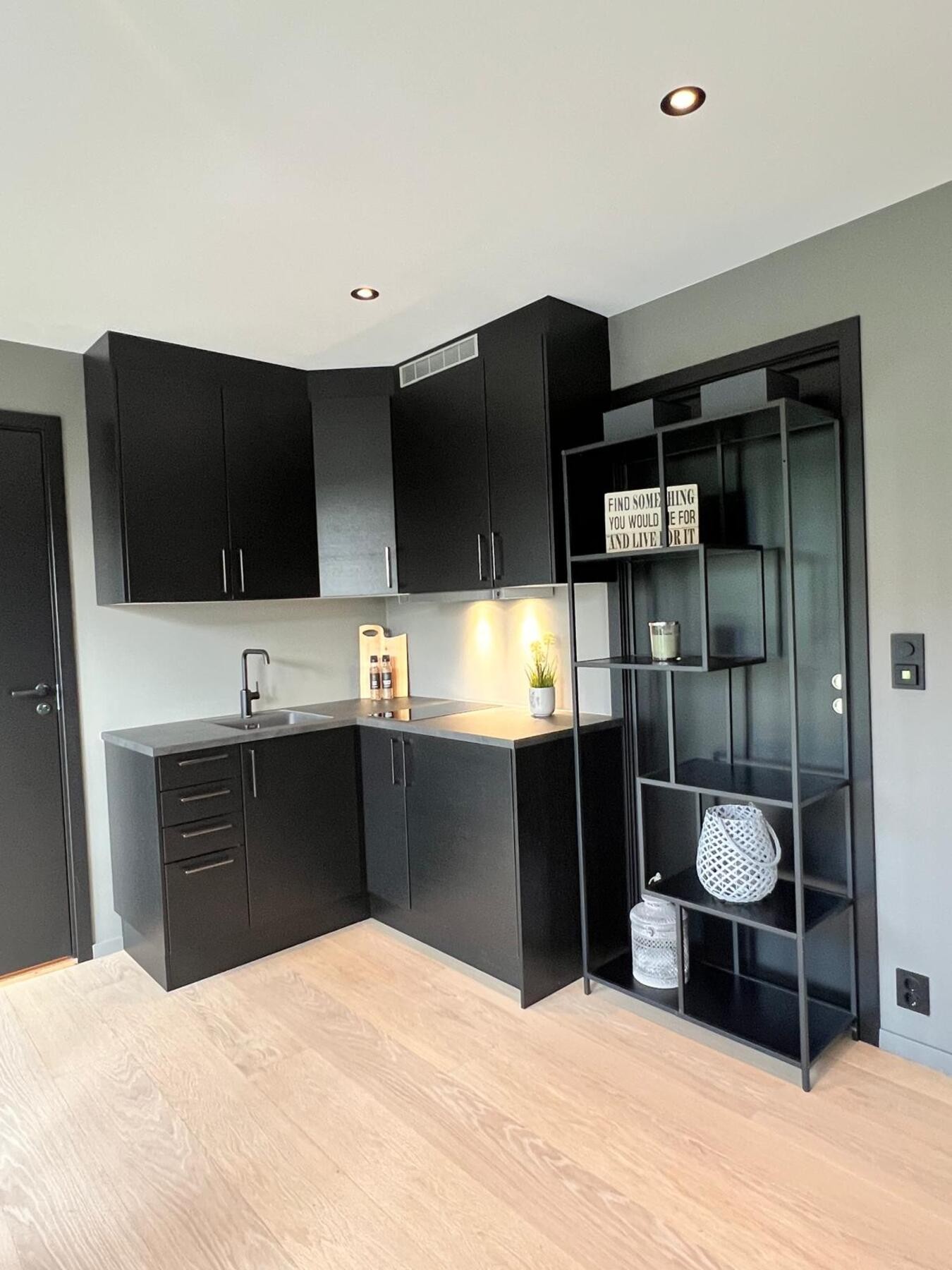 Hybelen inneholder hybelkjøkken, plass til spisebord, sofa og seng, og fremstår som en hyggelig og funksjonell enhet. Galleribilde