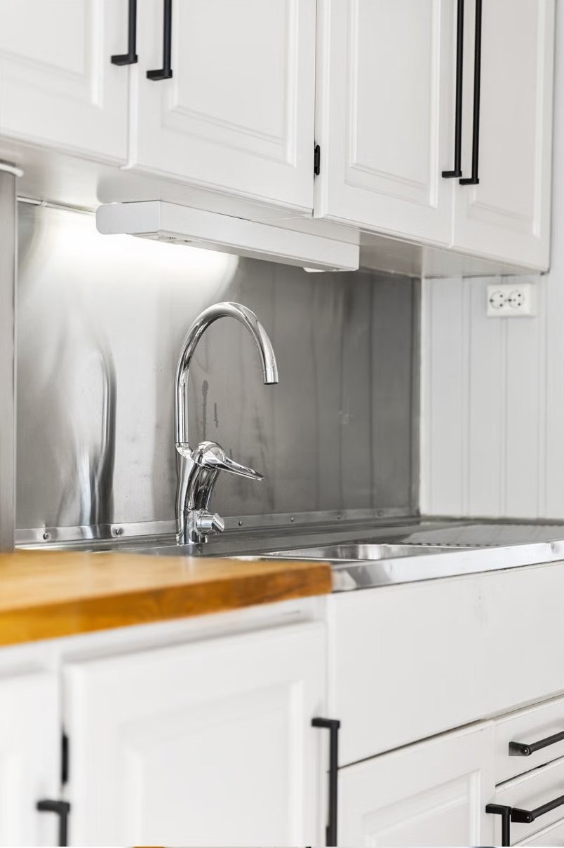 Benkeplate i tre og stålplater over benk, oppvaskmaskin og ventilatorvifte. Galleribilde