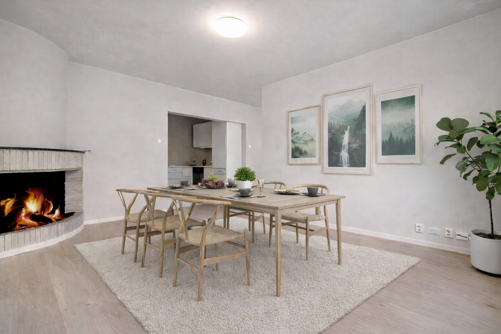 Gjennomgående planløsning med store, gode rom. Bildet er digitalt stylet. Det samme gjelder flammer i peis Galleribilde
