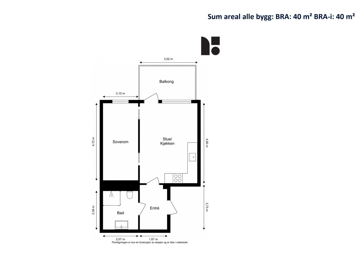 Leiligheten har en smart planløsning på 40 m² som fordeler seg på entré, bad, soverom og en åpen stue- og kjøkkenløsning. Galleribilde