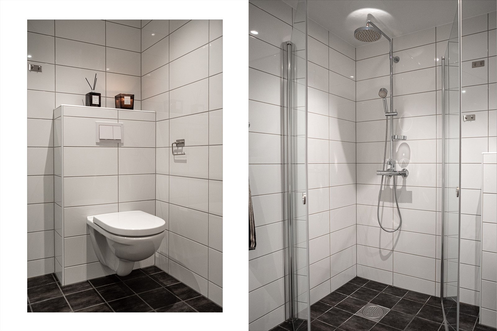 Badet inneholder vegghengt toalett, dusjhjørne og innredning med servant Galleribilde