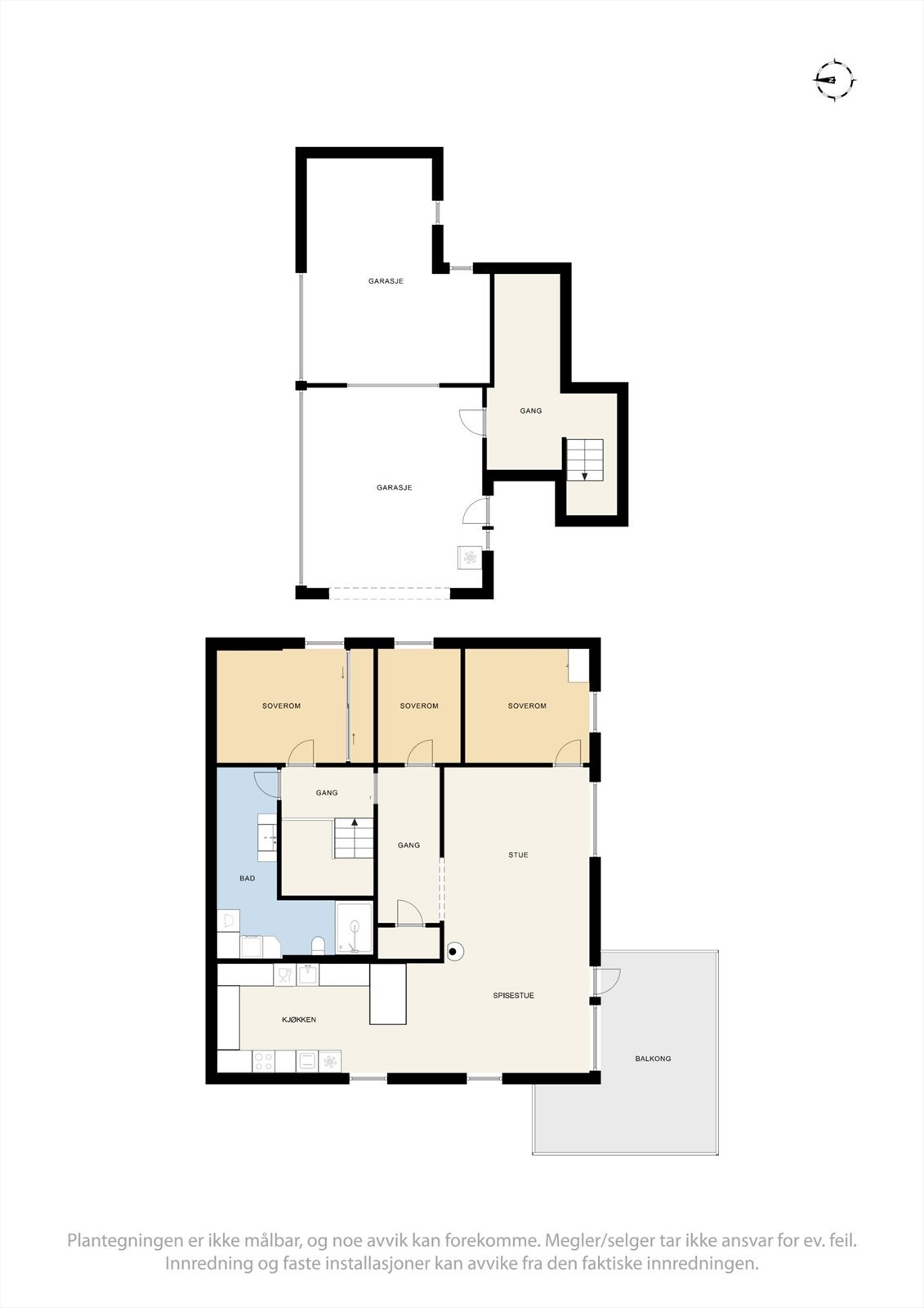 Leiligheten strekker seg over to plan og har et samlet bruksareal på 125 m², i tillegg til en garasje med boder på 42 m². Galleribilde