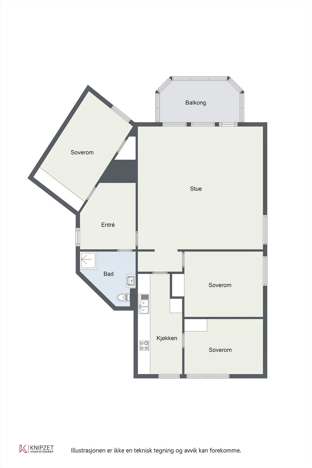 Leiligheten har en arealeffektiv planløsning på 89 m² som omfatter entré, stue, kjøkken, tre soverom og et moderne bad/vaskerom. Galleribilde