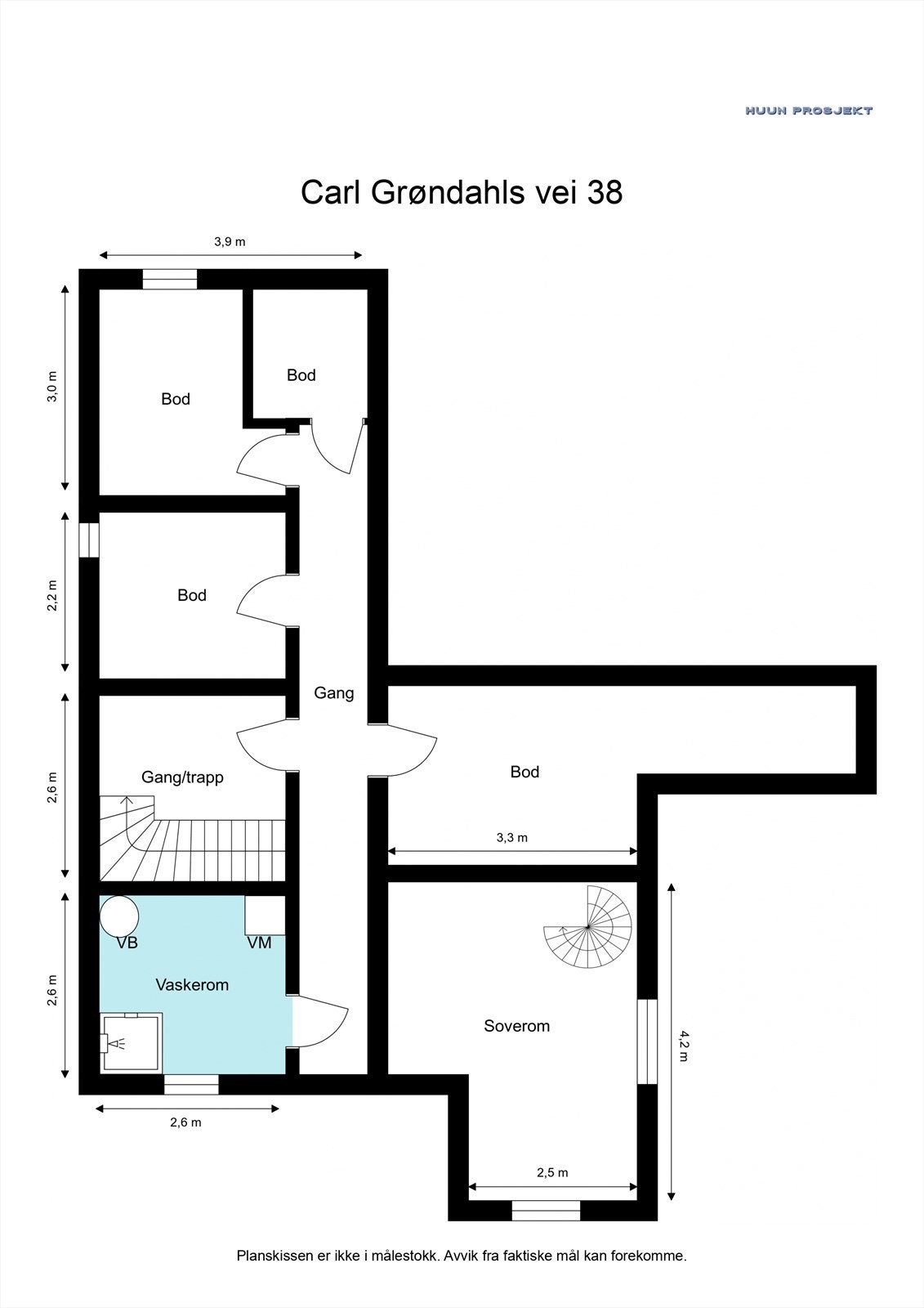 Kjeller (74 kvm BRA-i + garasje 15 kvm BRA-e) består av: Innredet soverom (ca 14m2), vaskerom (ca 7m2) og uinnredede boder og gangareal (råkjeller). Galleribilde