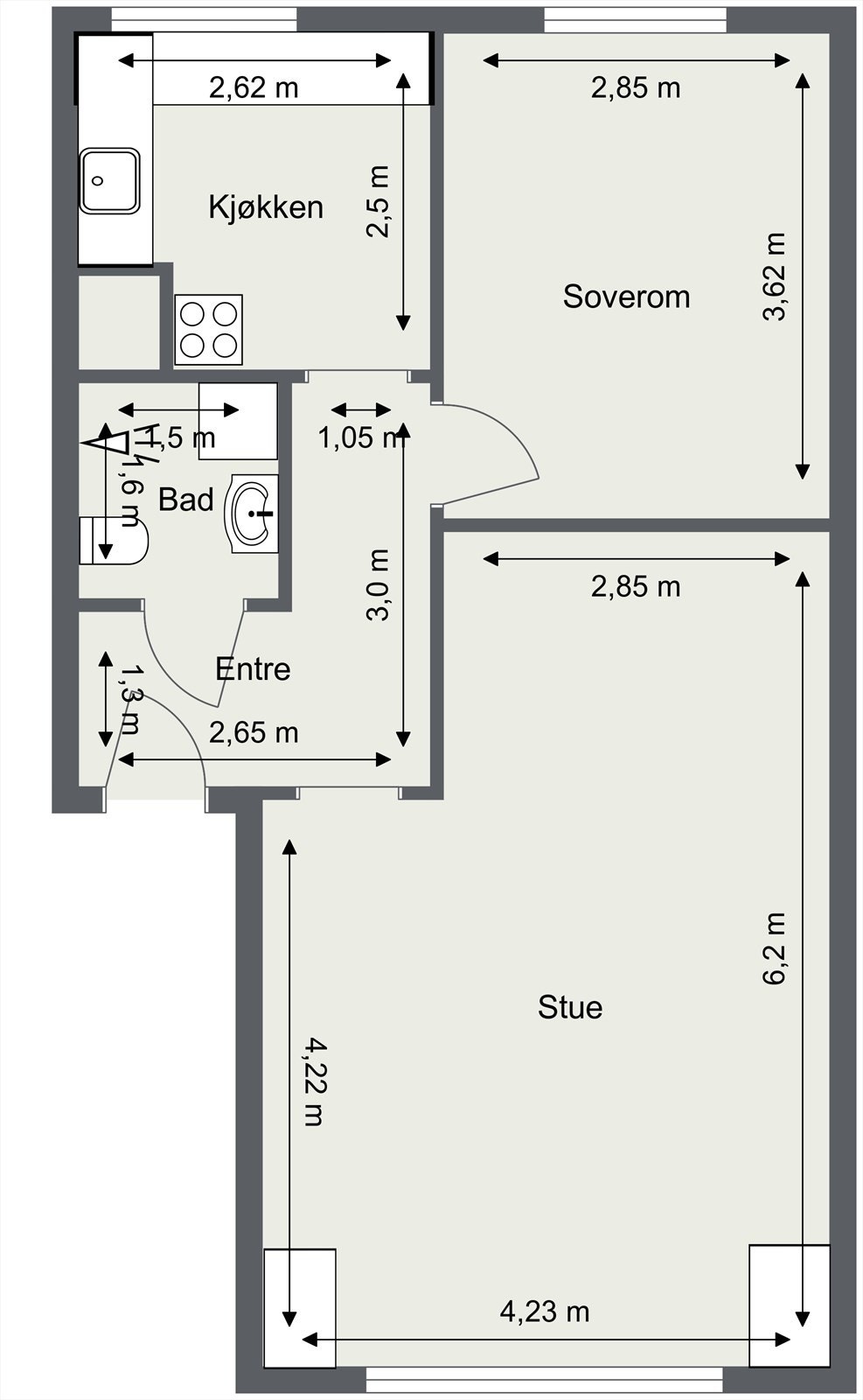 Leiligheten har en arealeffektiv planløsning med et samlet internt bruksareal på 49 m². I tillegg disponeres en kjellerbod på 2,5 m². Galleribilde